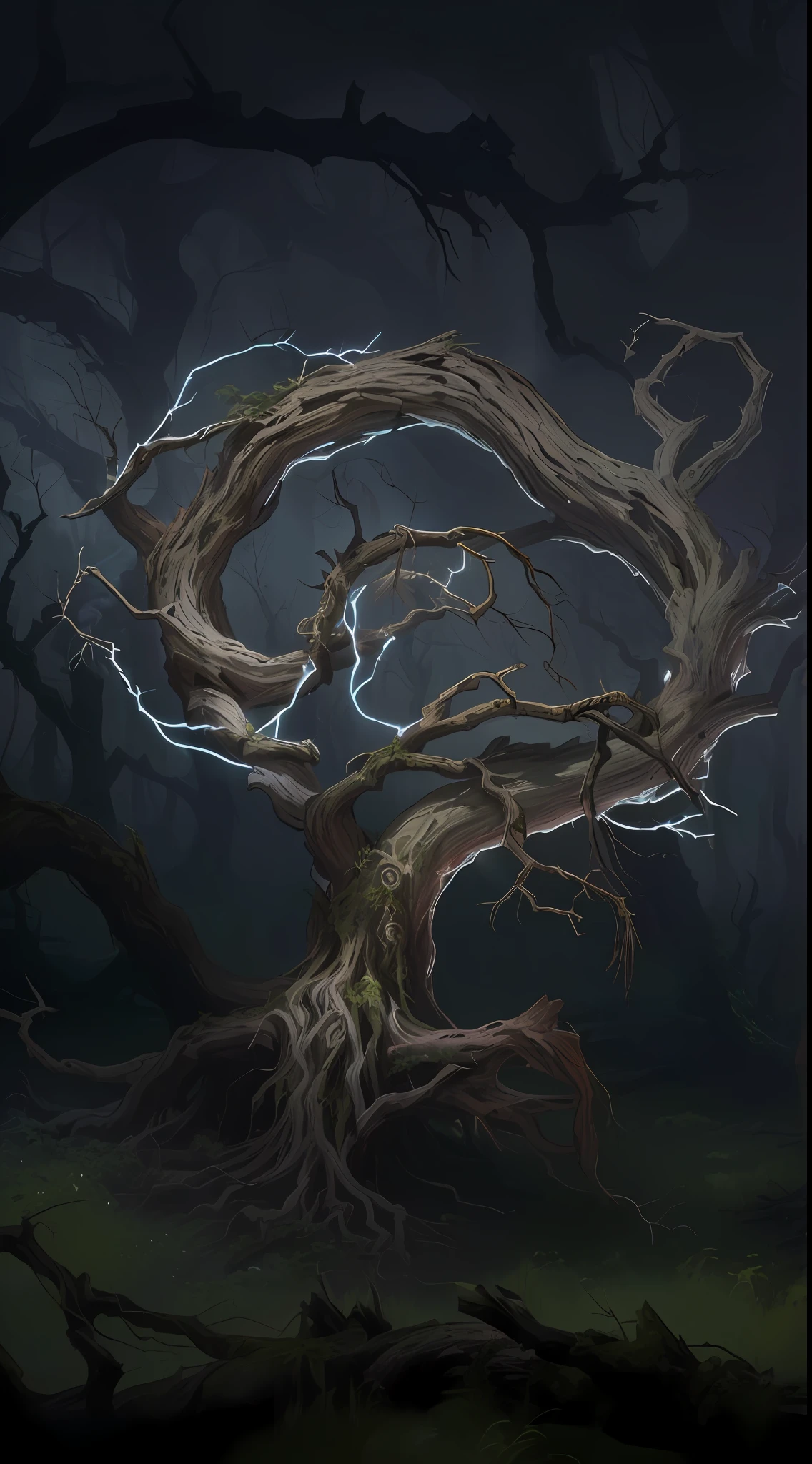 A twisted dead tree,Dark Forest,Branches,thorn background. rough, concept art of a dark forest, treant, Twisted trees, Twisted withered vines, but, an old twisted tree, Twisted trunk, lianas,
