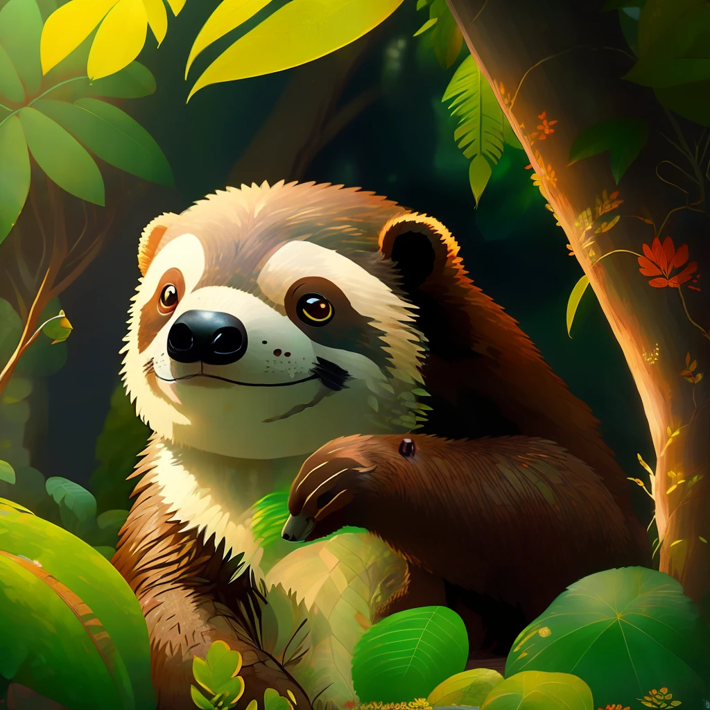El oso perezoso, The slowest animal in the world, 8k, pagina de cuento de los Hermanos Grimm, Majestic illustration of a sloth, In a magical jungle, detalles intrincados, highest qualityr, Interpret to its fullest expression