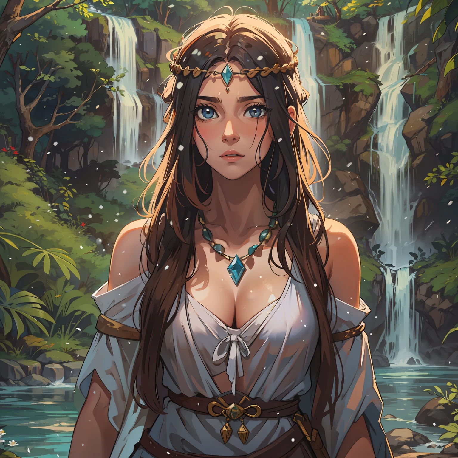 Uma linda mulher,cabelos brancos, seios pequenos e olhos azuis, She is white as snow and is wearing short swimsuits, wild clothes of the forest people of the medieval era in the middle of a paradisiacal waterfall, in a kind of lake in the middle of the forest, A beautiful waterfall in the background in the middle of a natural paradise, uma arte para um RPG medieval, arte medieval para RPG;, ela tem cabelos brancos e um olhar doce, cabelos brancos