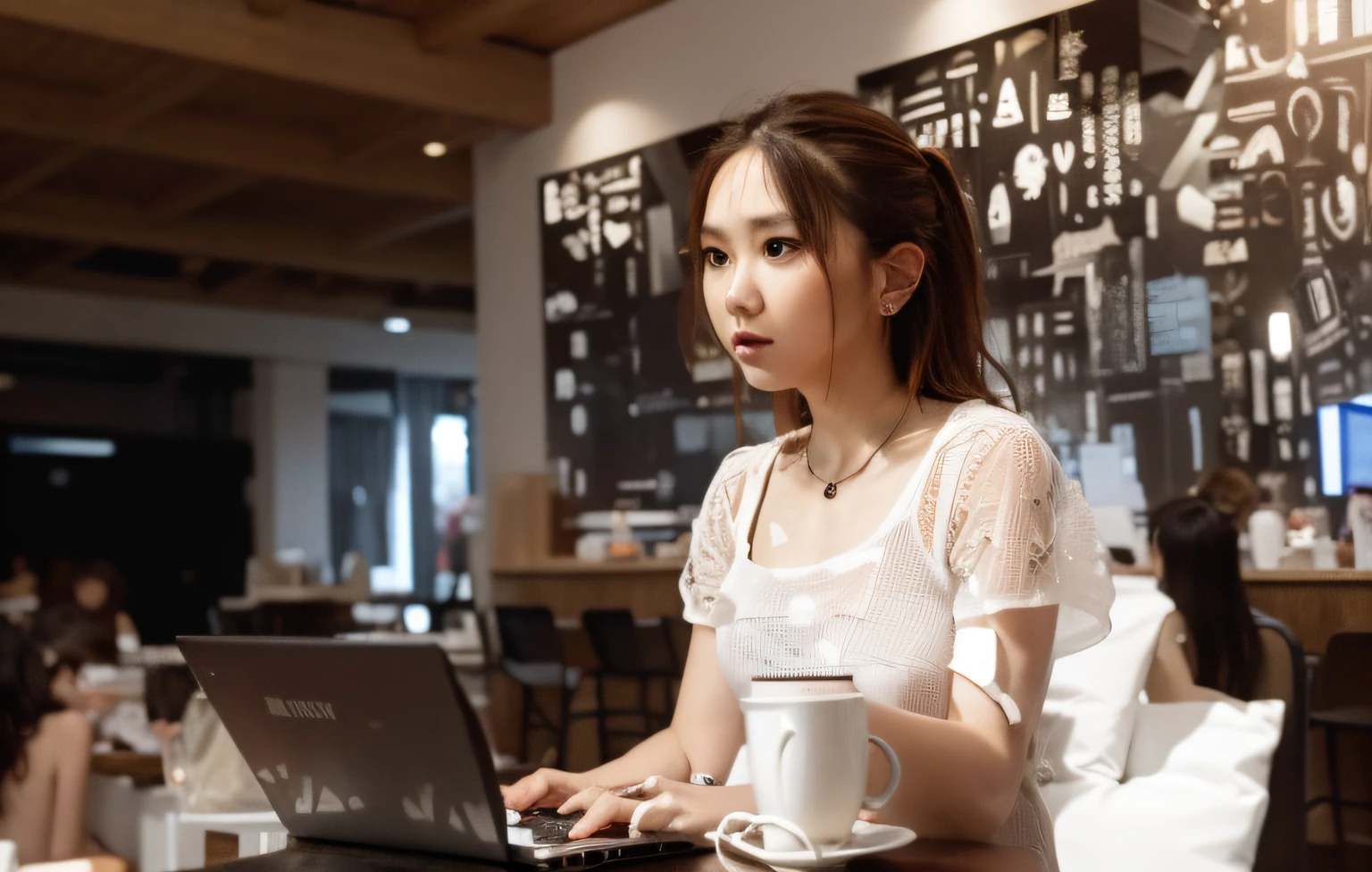 Woman sitting at table with laptop and cup of coffee, working in her laptop computer, sitting in front of the computer, in front of a computer, sitting in front of the computer, in a coffee shop, sitting alone in a cafe, A young Asian woman, Working hard, working on a laptop at a desk, sitting in a café