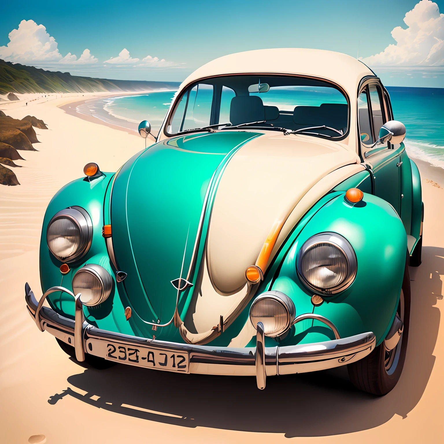 Magnificente realista cartoon art, centralizar logo for t shirt,super detailed antique Black vw beetle,Beach,Sea,ocean,Summer,ciberpunk splash colors,plain white blackground.