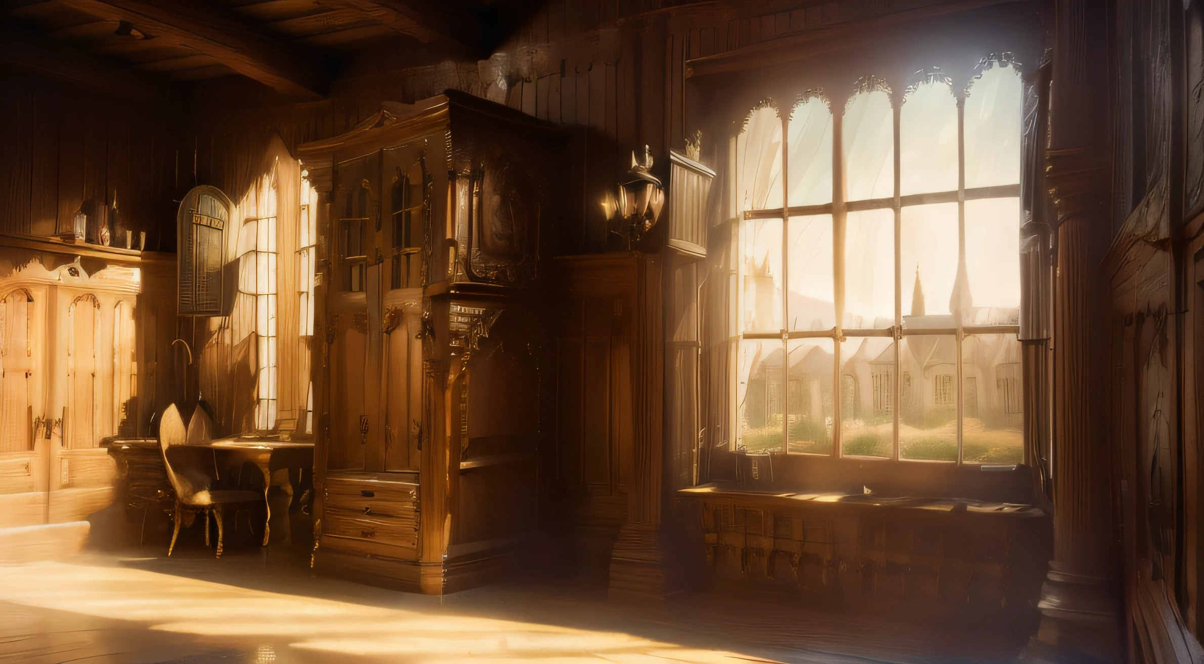Western Middle Ages, Wooden interior, There are windows, locker, Study desk, light fixtures, depth of fields, Warm sunlight shines in through the windows, surrealism, High detail, hyper photorealism, Depth of field, Chiaroscuro, Cinematic lighting, Sparkle, filmgrain, angle of view, hyper HD, Super detail, High details, A high resolution, ccurate, Masterpiece
