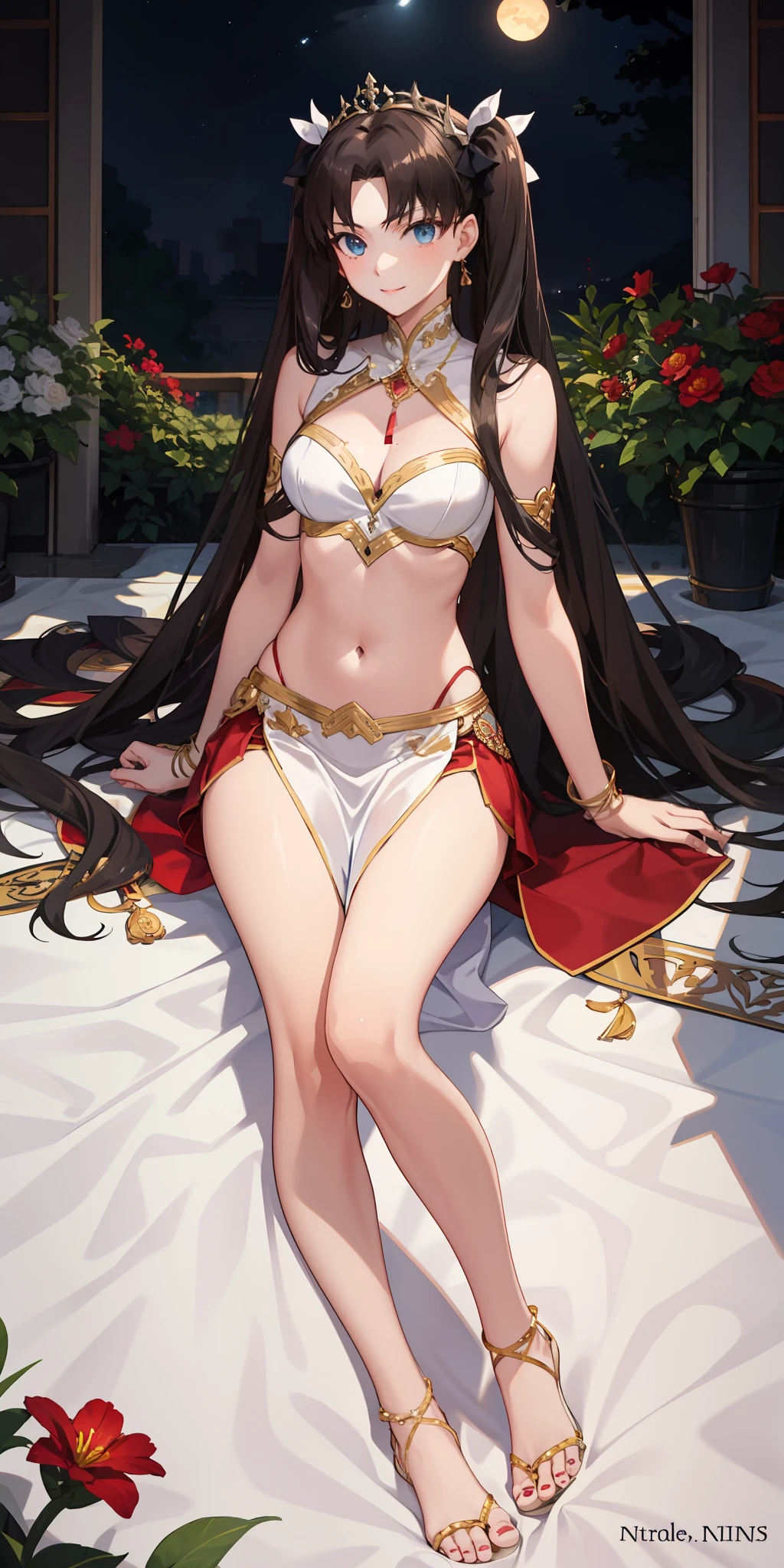 long hair, black hair, medium breast, slim legs, happy, white gown, cleavage, arabian belly dancer , skirt, rin tohsaka, twin tail, navel, garden, night, blue eyes, tiara, laying down