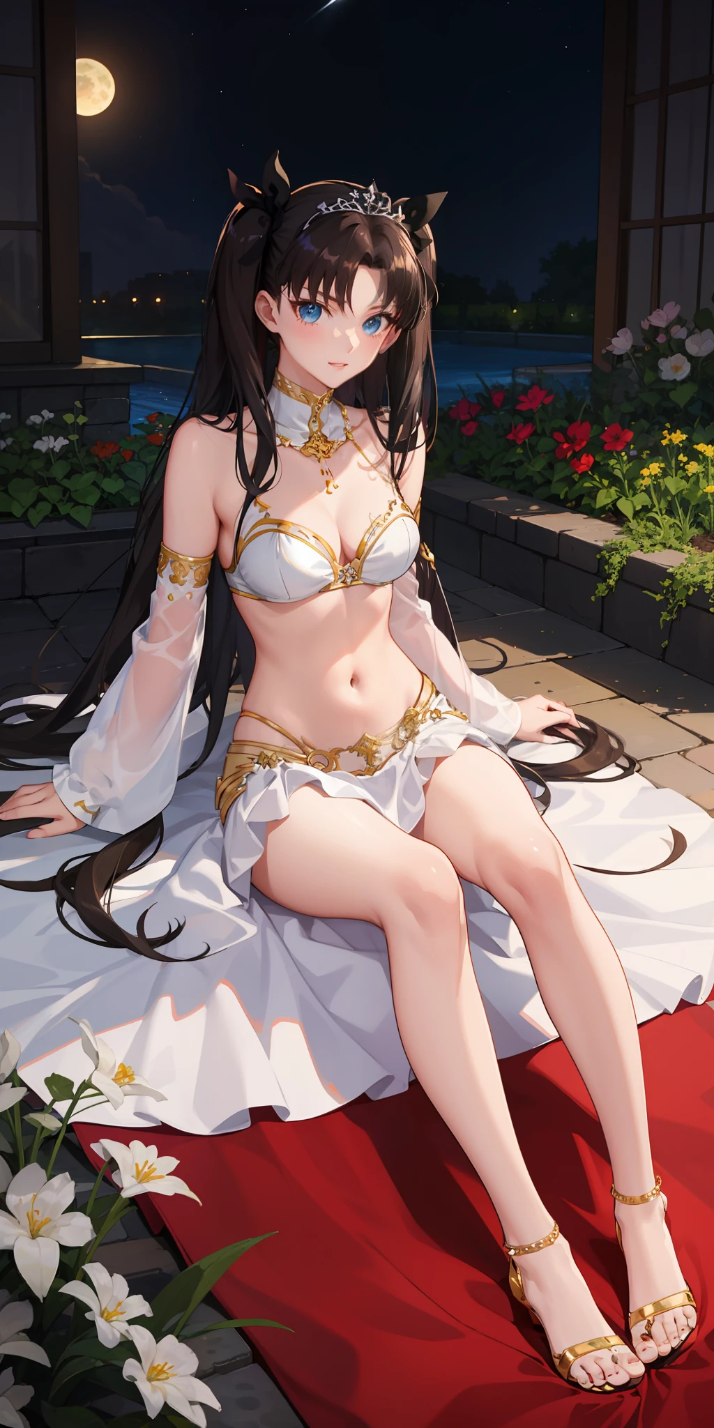 long hair, black hair, medium breast, slim legs, happy, white gown, cleavage, arabian belly dancer , skirt, rin tohsaka, twin tail, navel, garden, night, blue eyes, tiara, laying down