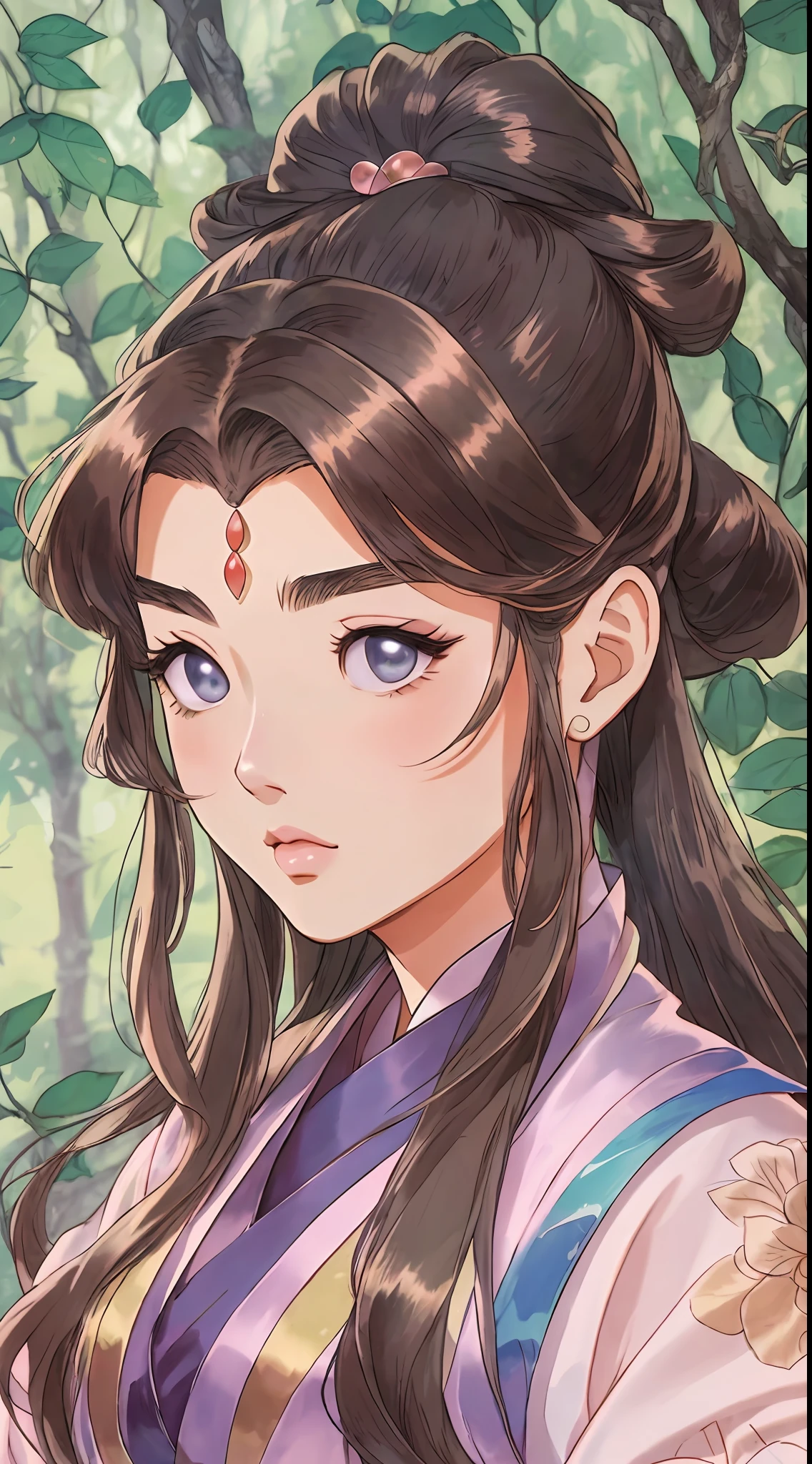 1 ancient Chinese woman，brunette color hair，(Hanfu、Hairstyles、hair-bun)，pretty eyes，Willow eyebrows，Blush，gorgeous hair accessory，Hua Dian，pastelcolor，Retro anime，1990s anime，tmasterpiece，Best quality，Character standing drawing