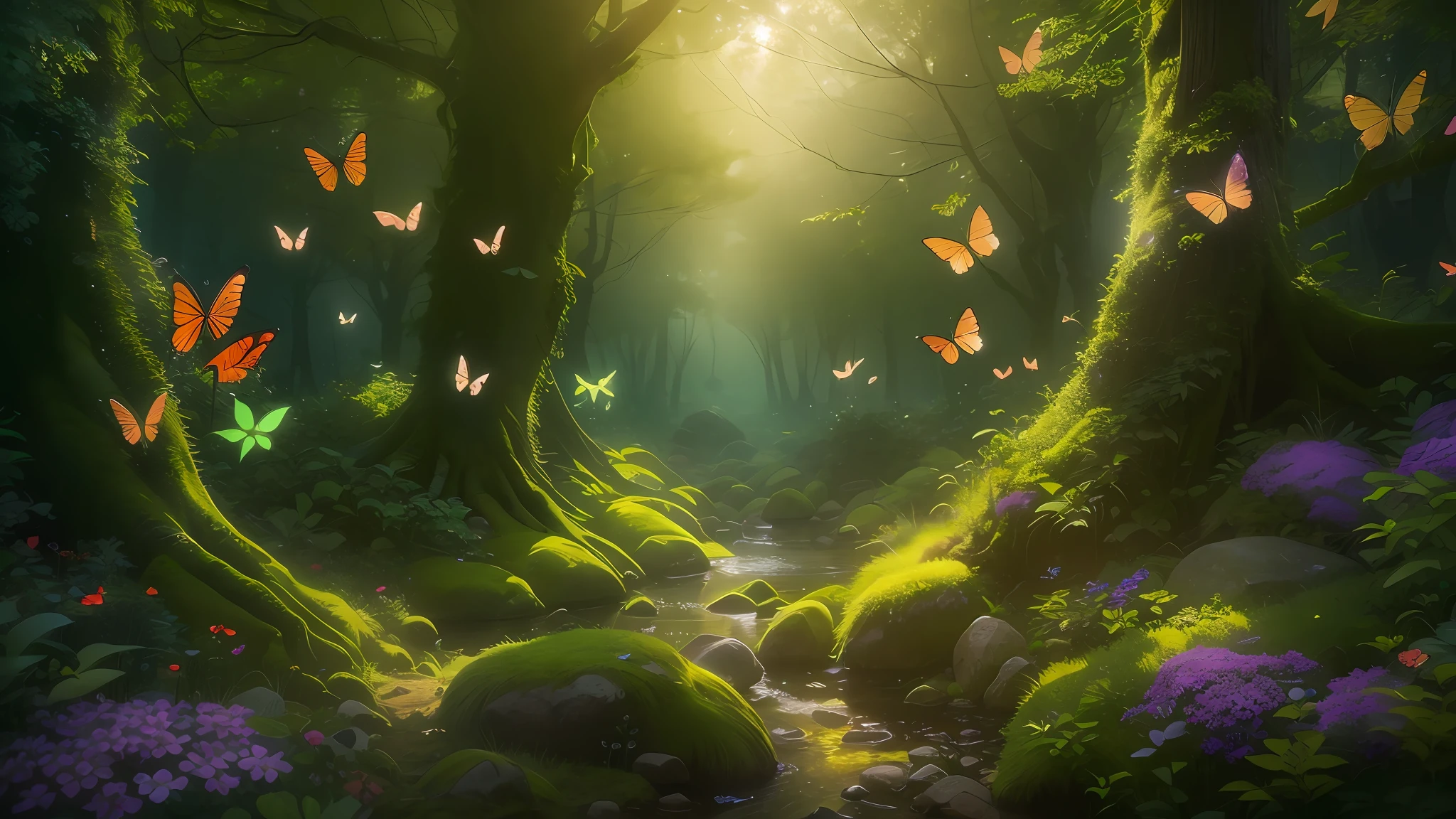 A breathtaking forest scene with tall trees reaching for the sky, sunlight filtering through the leaves, casting a golden glow on the forest floor. Small streams trickle through the moss-covered rocks, creating a serene ambiance. Delicate branches adorned with vibrant flowers and leaves add a touch of color to the scene. Fireflies dance in the air, their gentle glow illuminating the surroundings. The air is filled with a soft melody as butterflies flutter among the blossoms. Capture this enchanting moment in an intricate, high-quality illustration, with attention to the finest details and realistic shadows. Isometric 3D rendering using Octane Render and Ray Tracing will bring this magical forest to life