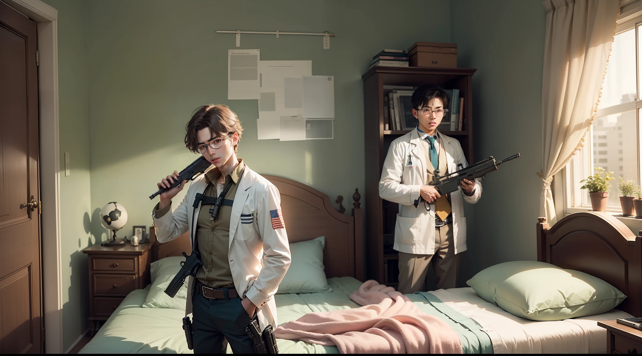 Two scientists with a gun, standing near a bed, and a boy laying on the bed, in a room.