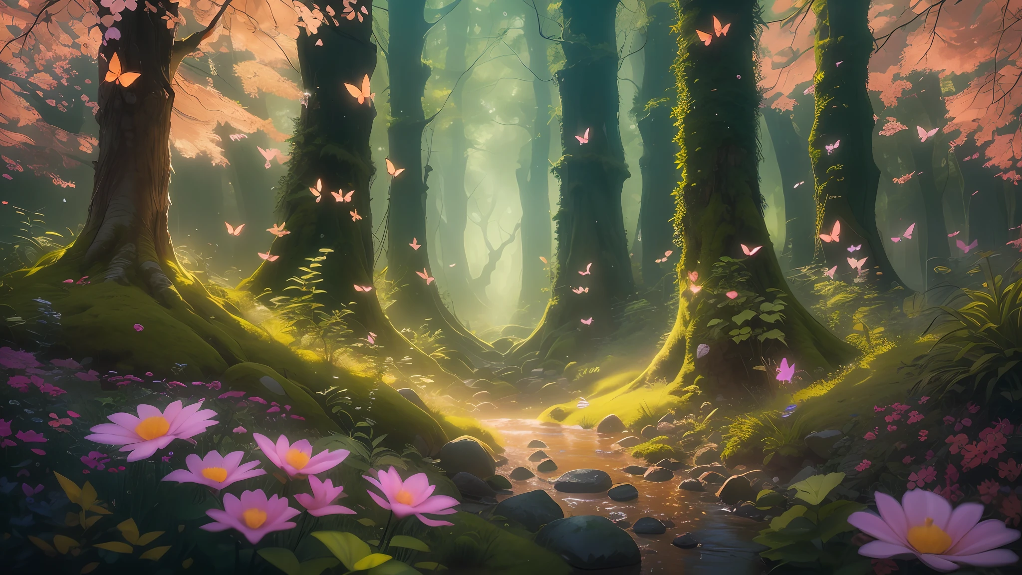 A breathtaking forest scene with tall trees reaching for the sky, sunlight filtering through the leaves, casting a golden glow on the forest floor. Small streams trickle through the moss-covered rocks, creating a serene ambiance. Delicate branches adorned with vibrant flowers and leaves add a touch of color to the scene. Fireflies dance in the air, their gentle glow illuminating the surroundings. The air is filled with a soft melody as butterflies flutter among the blossoms. Capture this enchanting moment in an intricate, high-quality illustration, with attention to the finest details and realistic shadows. Isometric 3D rendering using Octane Render and Ray Tracing will bring this magical forest to life