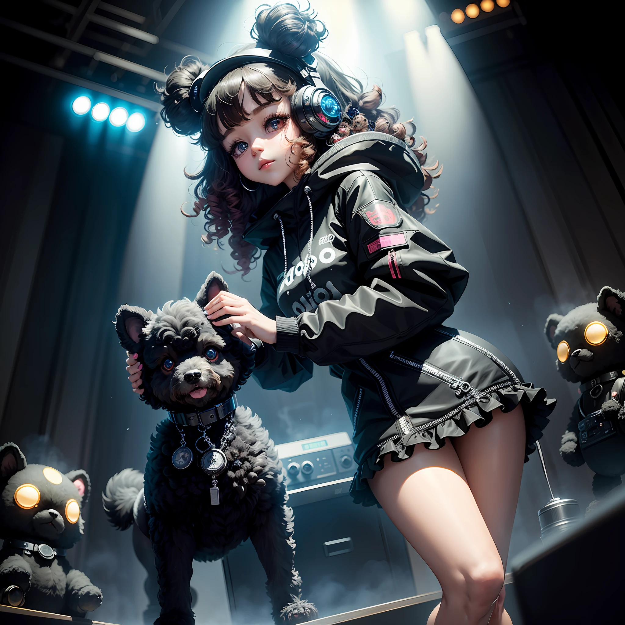 Cute black fluffy titanium toy poodle、cyber punk style、G-SHOCK Clock Mechanism、ultra-detailliert、HDR、kawaii、Small eyes、Vacuum lamp、Large concert hall --auto
