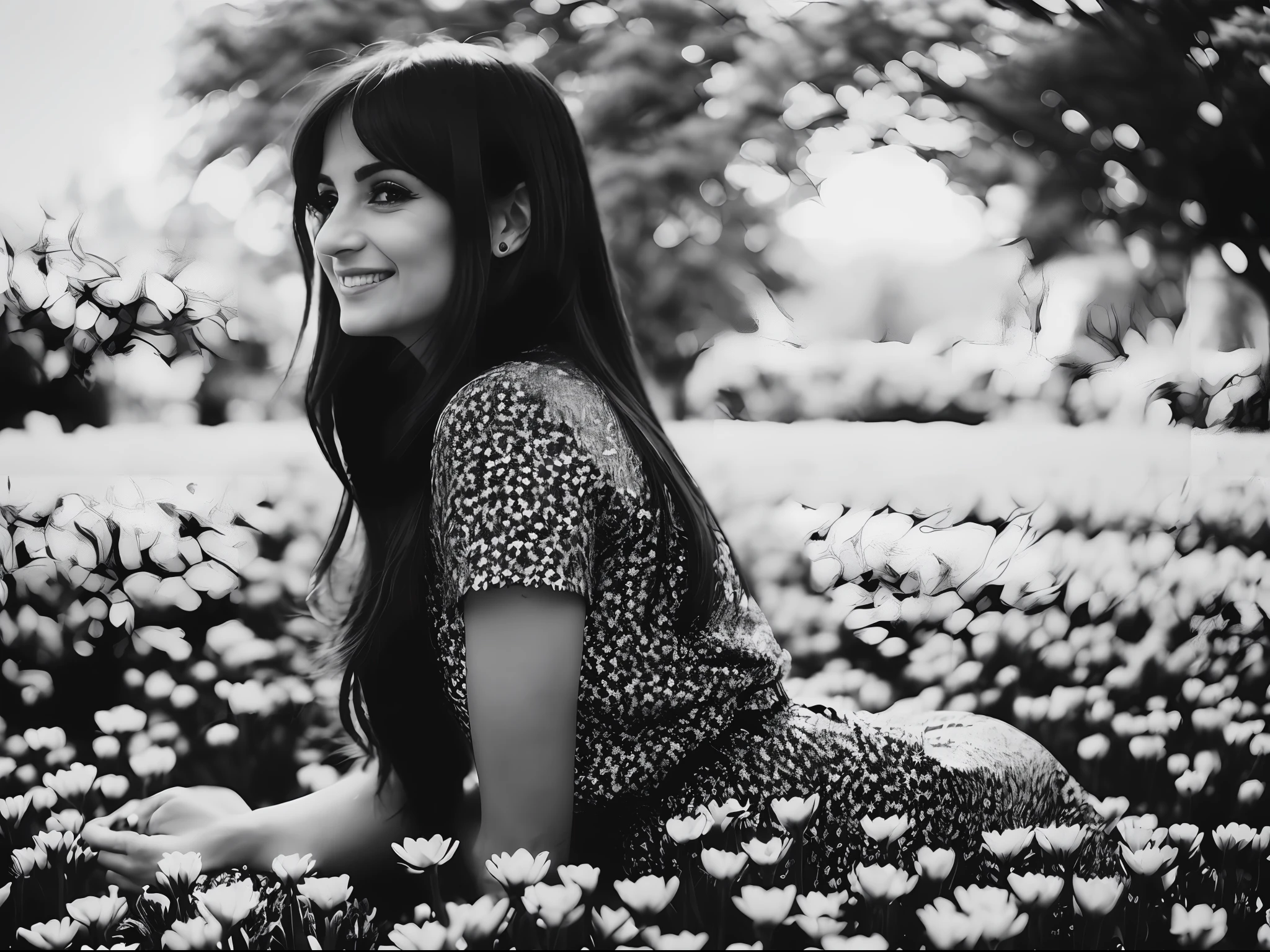 ((MONOCHROME IMAGE BLACK AND WHITE)) CHARACTER: (01 spanish woman | striking resemblance to penelope cruz | 30 years old | just one ((just 01 character | no mirror)) wearing black silky pants + black silky t-shirt | black silky hair | beautiful face | brown eyes | seductive eyes | best mouth | perfect face | friendly smile face | lotus flower position ) ACTION: (practicing yoga) PLACE (in the garden | (( black flowers )) | tulips ) QUALITY: (masterpice | UHD 12K | photo realism | real texture | natural light | deep black | white balances | analog quality | anatomically correct ) EFFECTS: (RAW | monochrome | black and white | grayscale | deep black | film grain | high contrast | equalized exposure | sharp focus ) EQUIPMENT: (Canon EOS 6D Mark II DSLR | Ilford HP5 80mm ) P.O.V.: ( large shot )