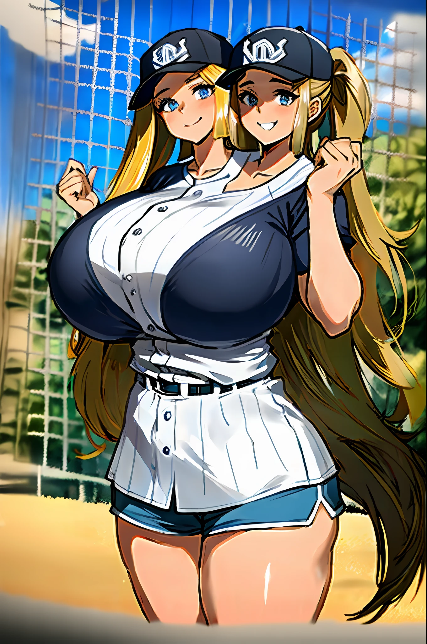 2heads, a short chubby woman with 2 heads. She has enormous breasts. She is outside on a sunny day. She has long hair in a ponytail. She is wearing a tight shirt and shorts. She has enormous breasts. She is wearing a baseball cap. Her breasts are massive. She is in a park. Her outfit is colorful. She is happy. Her breasts are gigantic.