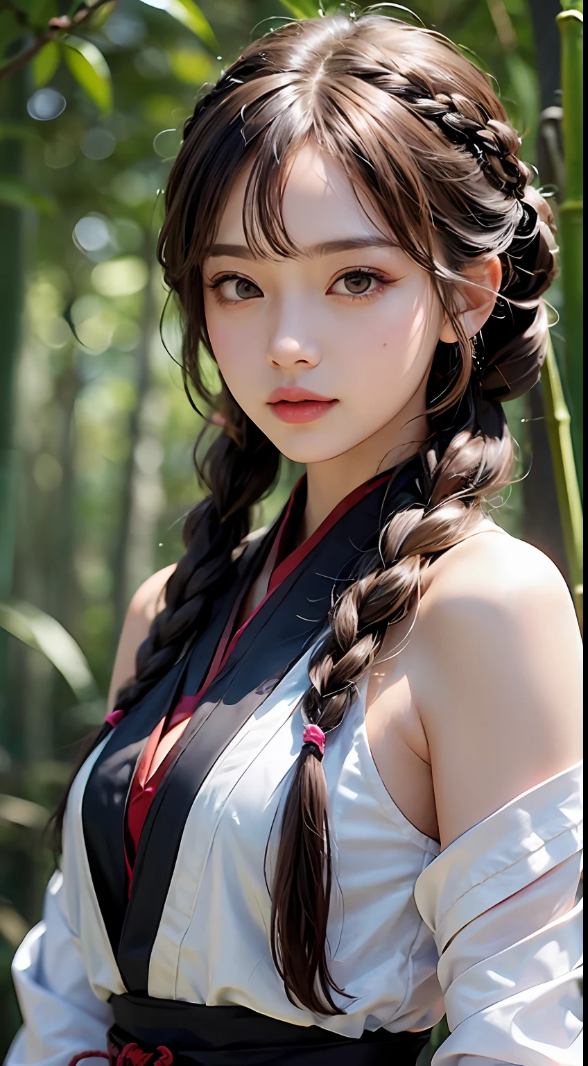 15-year-old smiling female classmate，（best qualtiy，8K，tmasterpiece:1.3），Goose egg face，largeeyes，long eyelasher，With bangs，Cool handsome，Domineering，Exquisite（live-action realistic style），Star-like eyes，Ultimate face，Photorealistic light and shadow，Clear facial features，Milky white skin，Fair skin， highdetailskin， Realistic skin details， Visible Pore，（Super detail），Petite body，（perfect bodies：1.1），Carmelto， full bodyesbian，Two braids，Hanfu，ribbons，（（dynamicposes），shadowboxing，Kungfu），（（bamboo forrest，A lot of classmates，Neat lines）），((Dynamic background((volumettic light：1.3)) ，Dramatic scenes