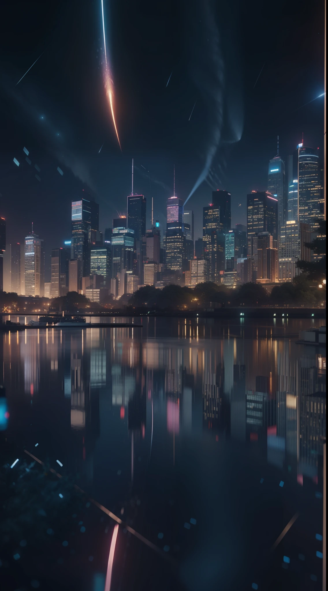 city night scene，starrysky，meteors，whimsically，Dreamy style，rendering by octane，C4D