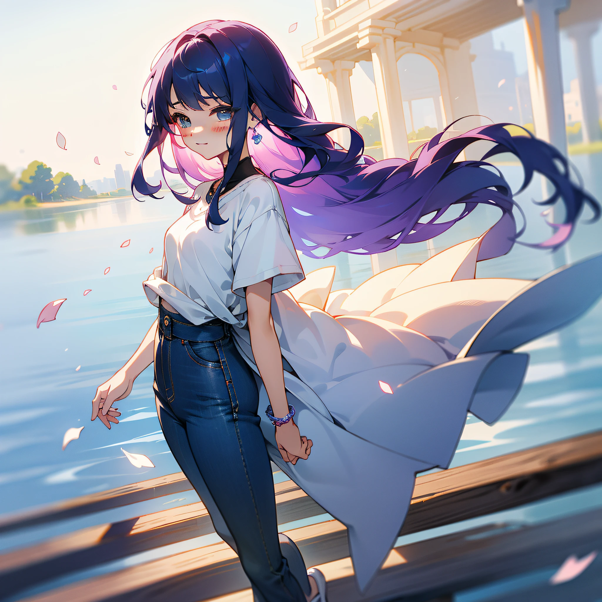 （Extreme Detail CG Unity 8K Wallpapers，tmasterpiece，Highest image quality)，(Delicate light and shadow，The picture is highly dramatic，Cinematic lens effect)，The familiar tsundere childhood sweetheart next door、She has a beautiful and delicate face，Good looks，Delicate facial features。Big eyes of the water spirit、long eyebrow、Long colored hair、with fair and smooth skin、healthy, Youthful tone、Sweet smiling、Wear a comfortable shirt、Knitwear or T-shirts，Wear yours with jeans、Short skirts or long pants、Clothing colors favor soft and warm colors，For example, Light pink、pale-blue、Beige, etc，Wear small, delicate accessories，For example, Thin chain necklace、Small earrings or simple bracelets，Wear comfortable and stylish shoes，Love flats、Small white shoes、Chips where petals fall、a sense of atmosphere、中景 the scene is、full bodyesbian