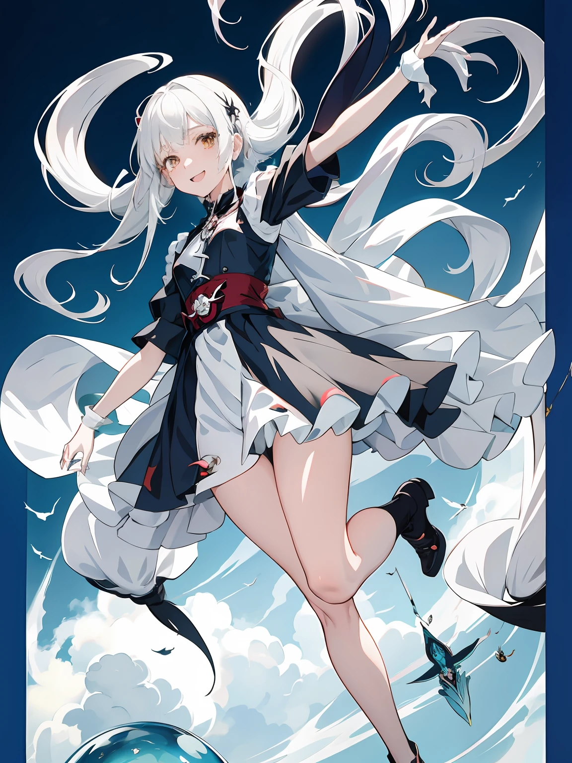 Anime card of a woman falling from a flying object, she is floating in the air, flying anime esper, 2 d anime style, In a Japanese anime style, sky witch, Falling from the sky, inspired by Rei Kamoi, Floating in the sky, [ Tarot Cards ]!!!!!, flat anime style, in the art style of 8 0 s anime, In anime style