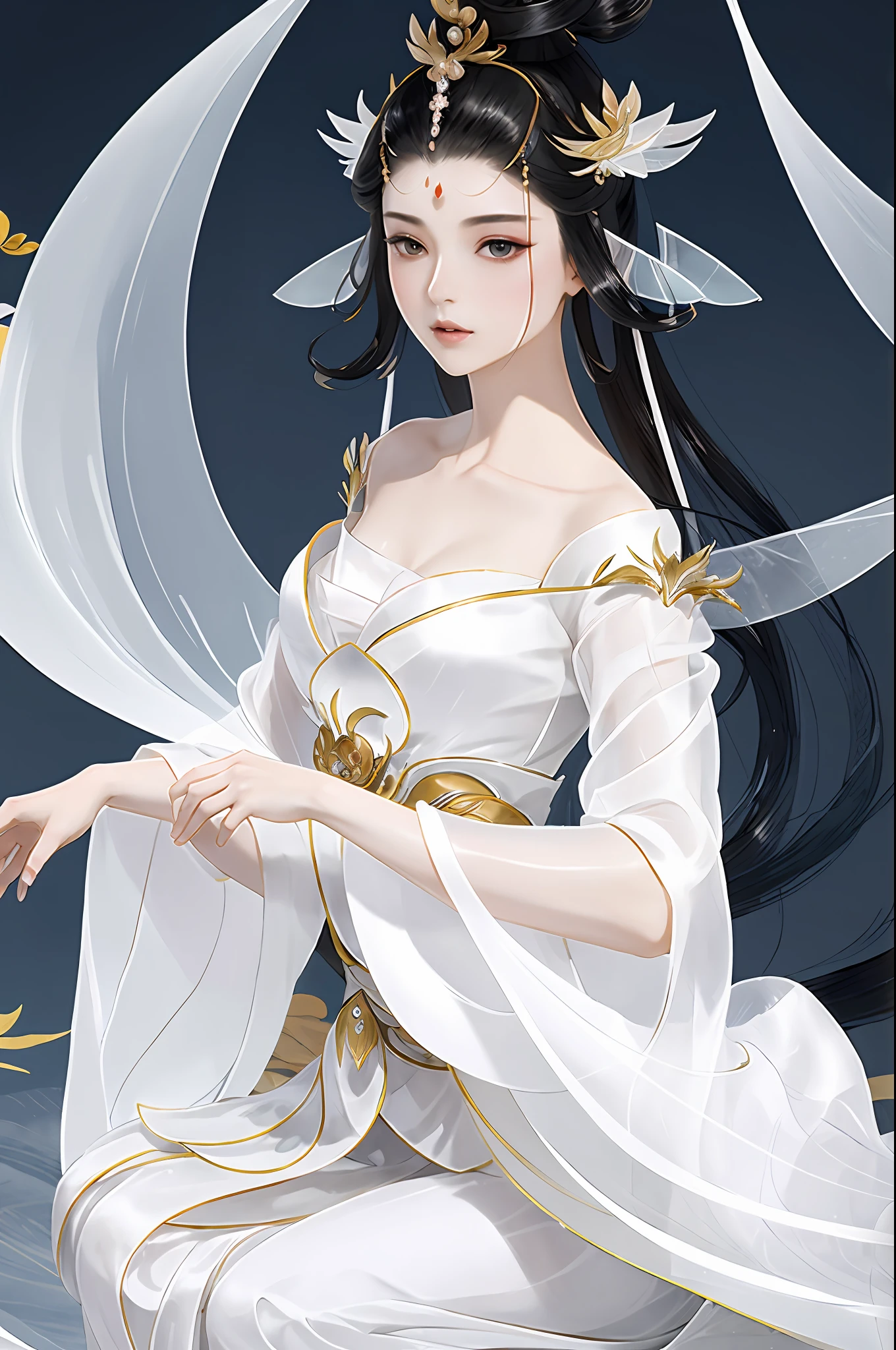 (1 game fairy beautiful girl dressed in white),Flowing sleeves,watery big eyes,Beautiful face and smooth fair skin,s delicate face,Flowing black hair,An ancient Chinese beauty,wearing ancient Chinese costume,Flowing tulle,Light shades,Light color,(clean backdrop),Ink painting style,Clean colors,Decisive cut,A white space,unarmed,tmasterpiece, Ultra-delicate,Epic composition,high high quality,HighestQuali,4K