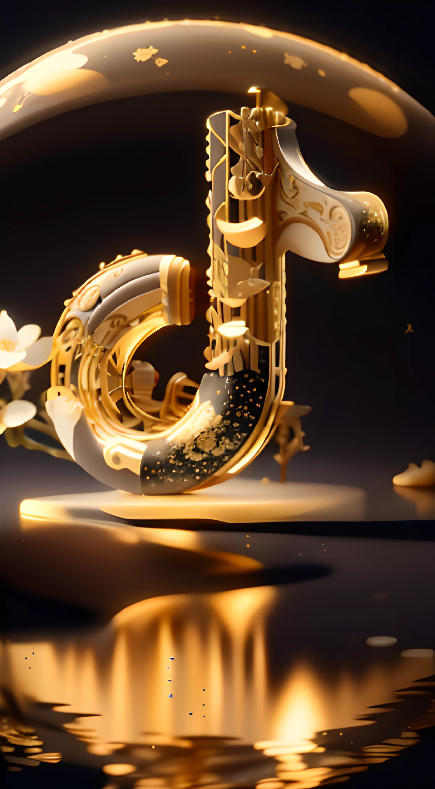 kosmos,Premium gray:1.5,with black background,starrysky:2,Golden curves,TikTok symbols(Inside guitar,microphones,Golden violin,Golden magnolia flowers:1.5,Golden bamboo)