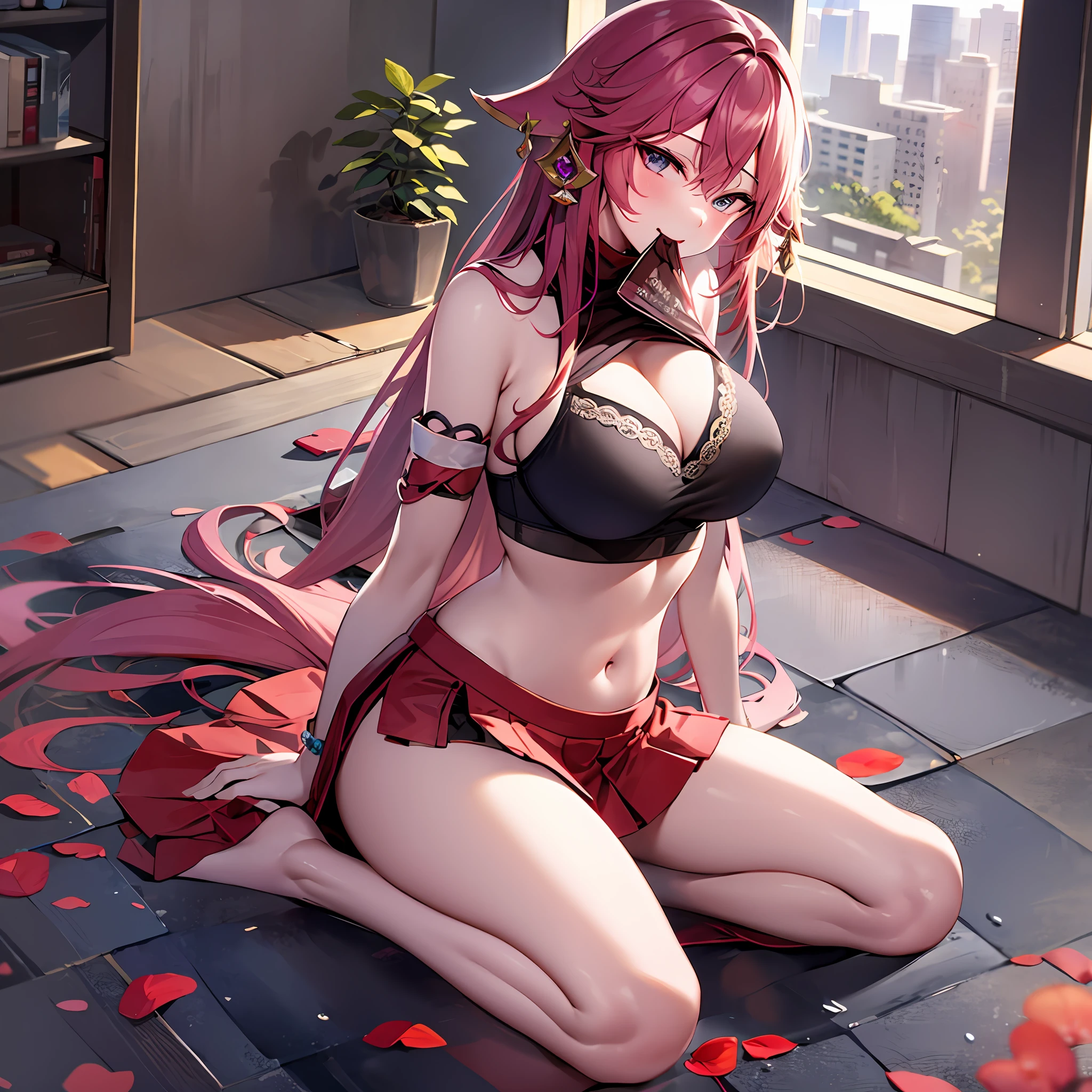 1Yae miko, large breasts,clothes in mouth, cleavage, navel, t-shirt, ((bra)),clothes lift, shirt in mouth, skirt, lying, full Body,sexy body,sitting