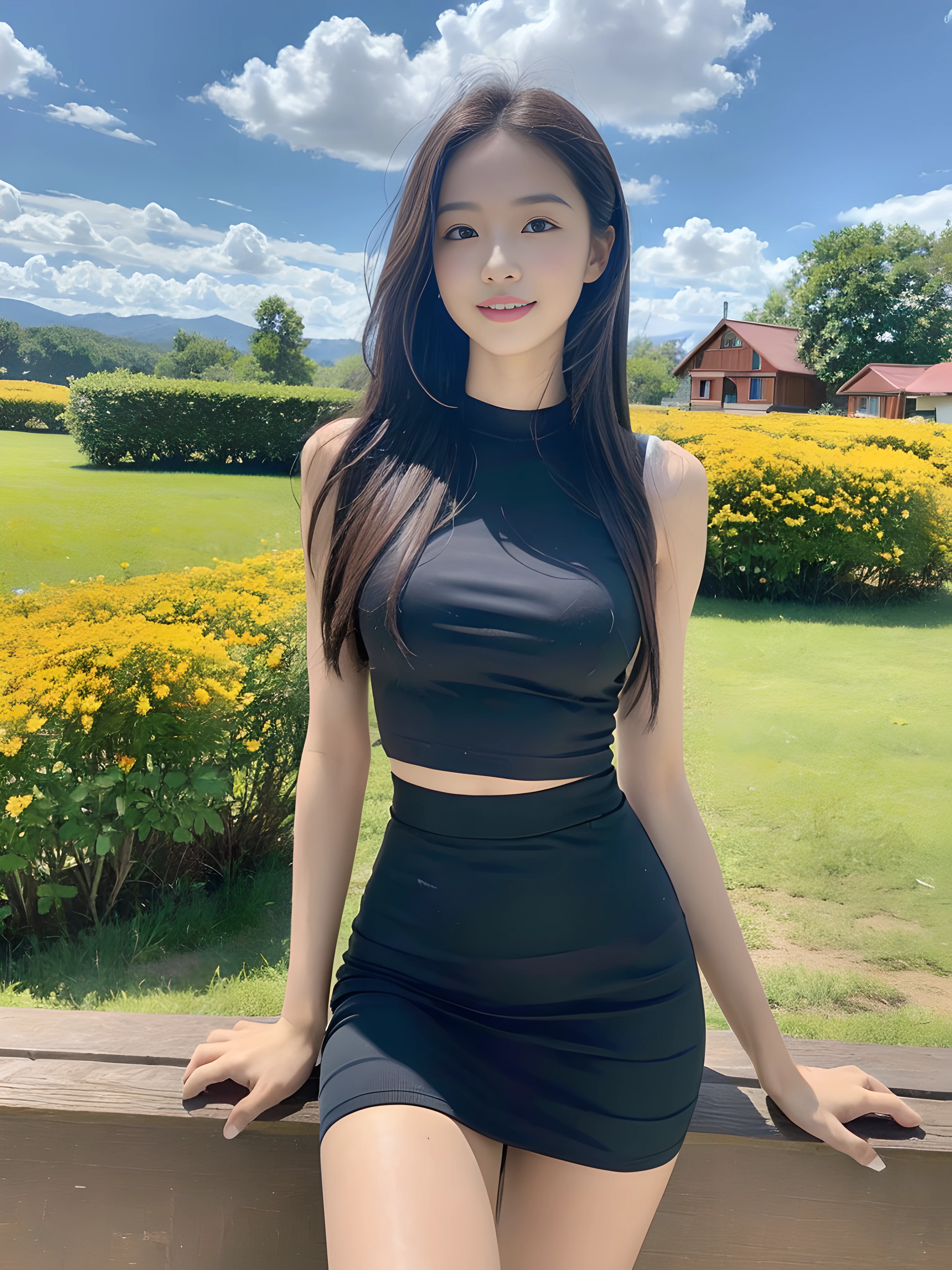 ((best qualtiy, 8K, tmasterpiece:1.3)),Focus:1.2, female high-school student,Drive a motorcycle,Perfect S-Shaped Body,(A look of determination)(adolable),delicated face,Long hair waist-length,long hair flowing,Tilt your head,ssmile,Hair details,Delicate Full Body Portrayal,Delicate depiction of the face,Best picture quality,A high resolution,细致背景,Delicate portrayal,exquisitedetails,Rich in detail,Facial strengthening,(Short crop top,short skirt),with blue sky and white clouds,Sitting Among the Flowers,wooden cabin,There are no bags under the eyes