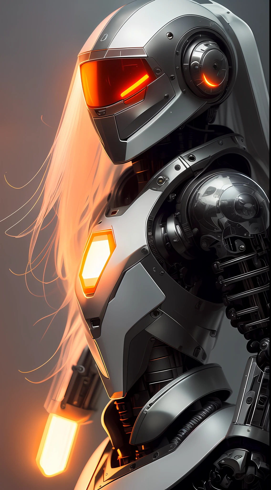 1 robot, organic, orange triangle glowing eyes, cyberhelmet, long hair, white plastic, diffuse lighting, fantasy, intricate, elegant, highly detailed, lifelike, photorealistic, smooth, sharp focus, art by John Collier and Albert Aublet and Krenz Cushart and Artem Demura, wires, tubes, dark room, dim light