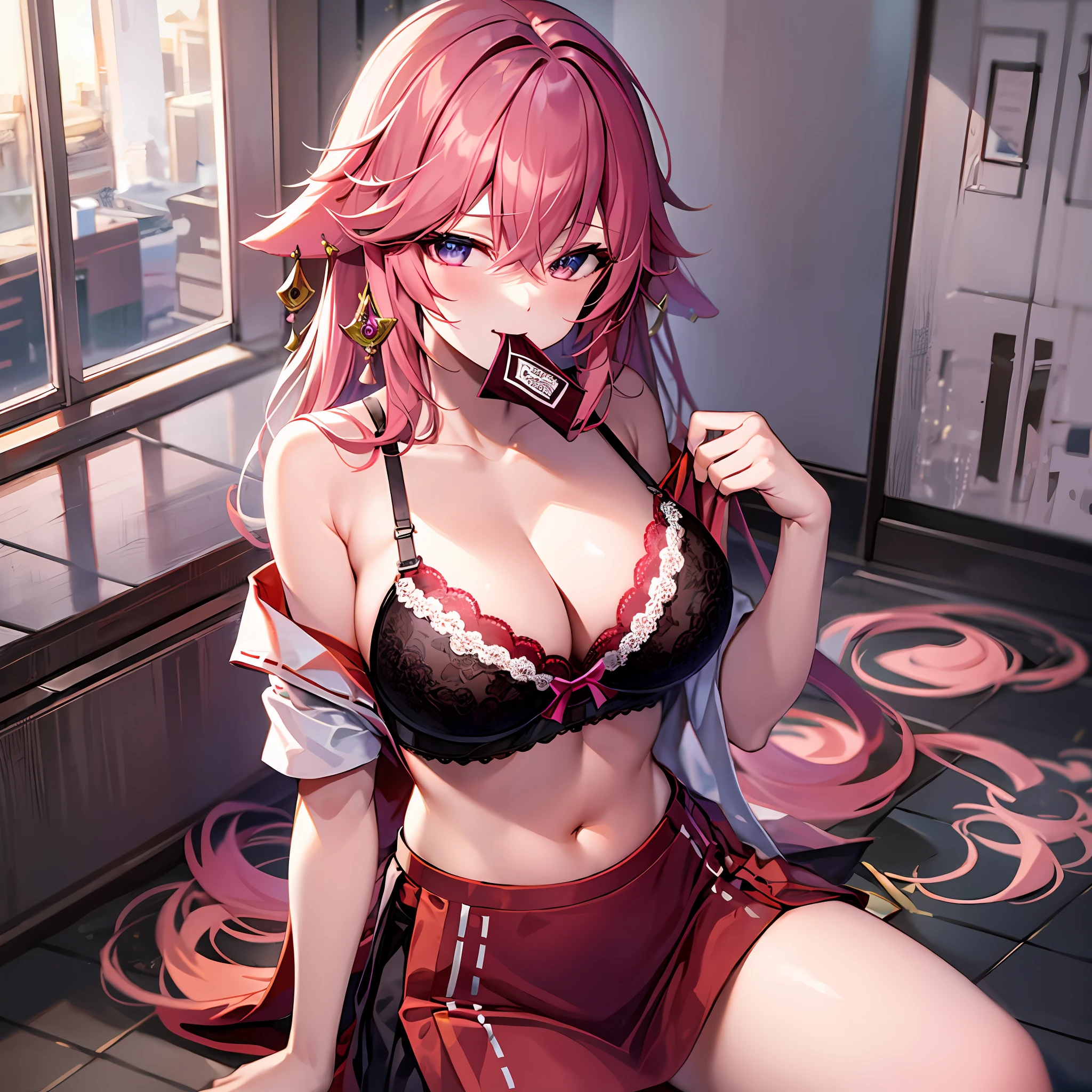 1Yae miko, large breasts,clothes in mouth, cleavage, navel, t-shirt, ((bra)),clothes lift, shirt in mouth, skirt, lying, full Body,sexy body,sitting
