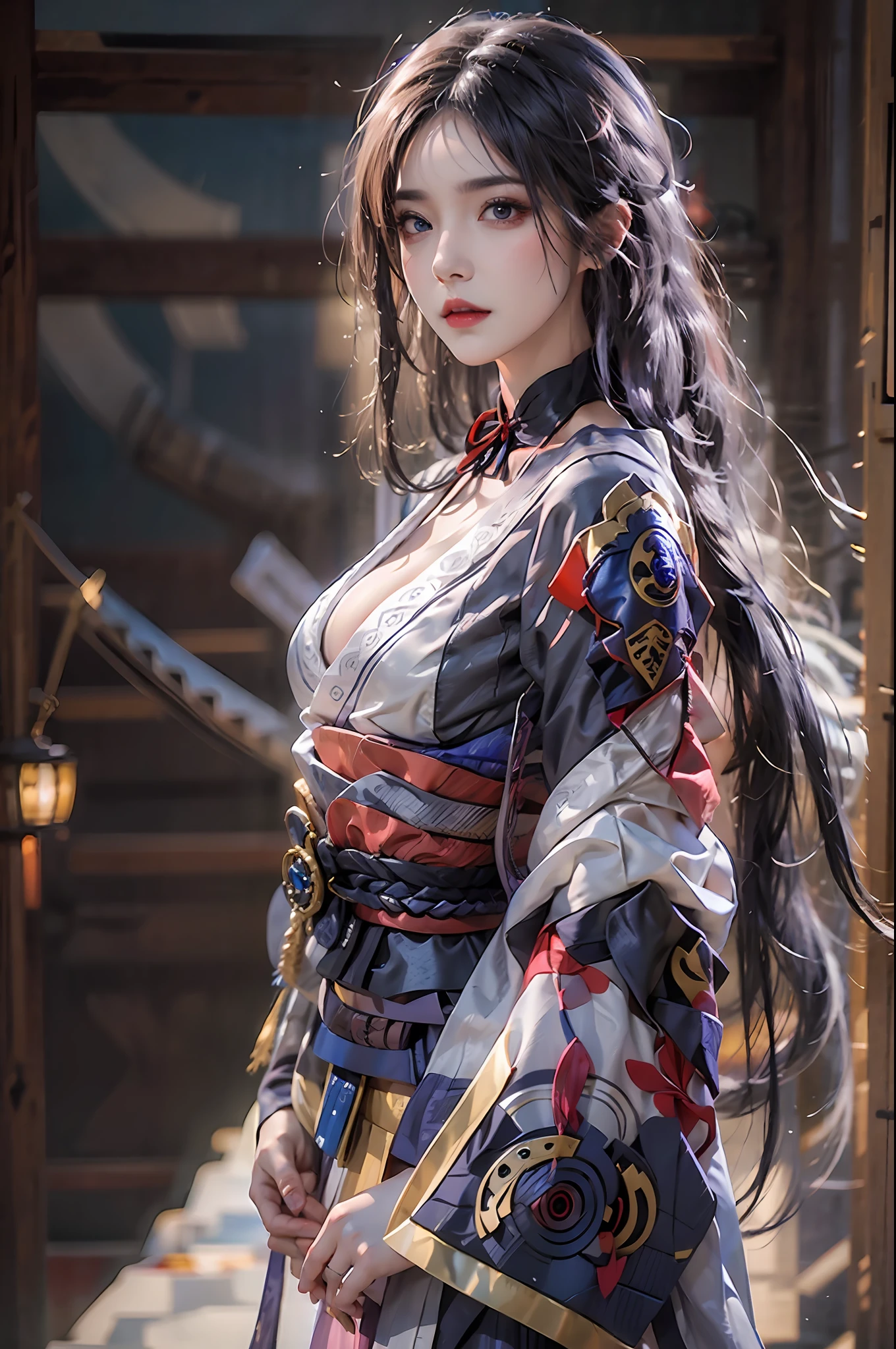 photorealistic, high resolution, 1 woman, solo, hips up, long hair, beautiful eyes, normal breast, raiden shogun costume