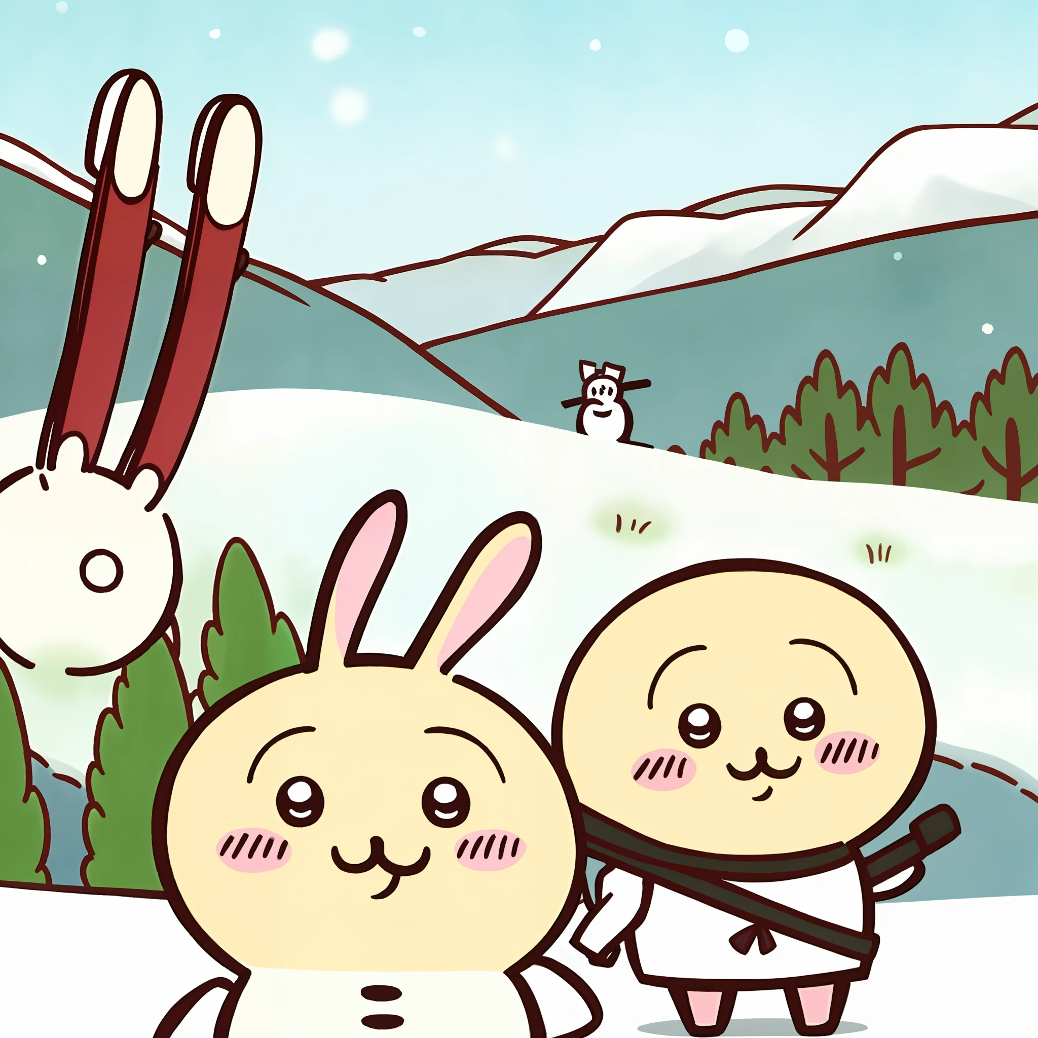 (Top image quality),(Monk), Chikawa, 独奏,, :3, full body Esbian,snowscape、snowman、skiing、snowball fight