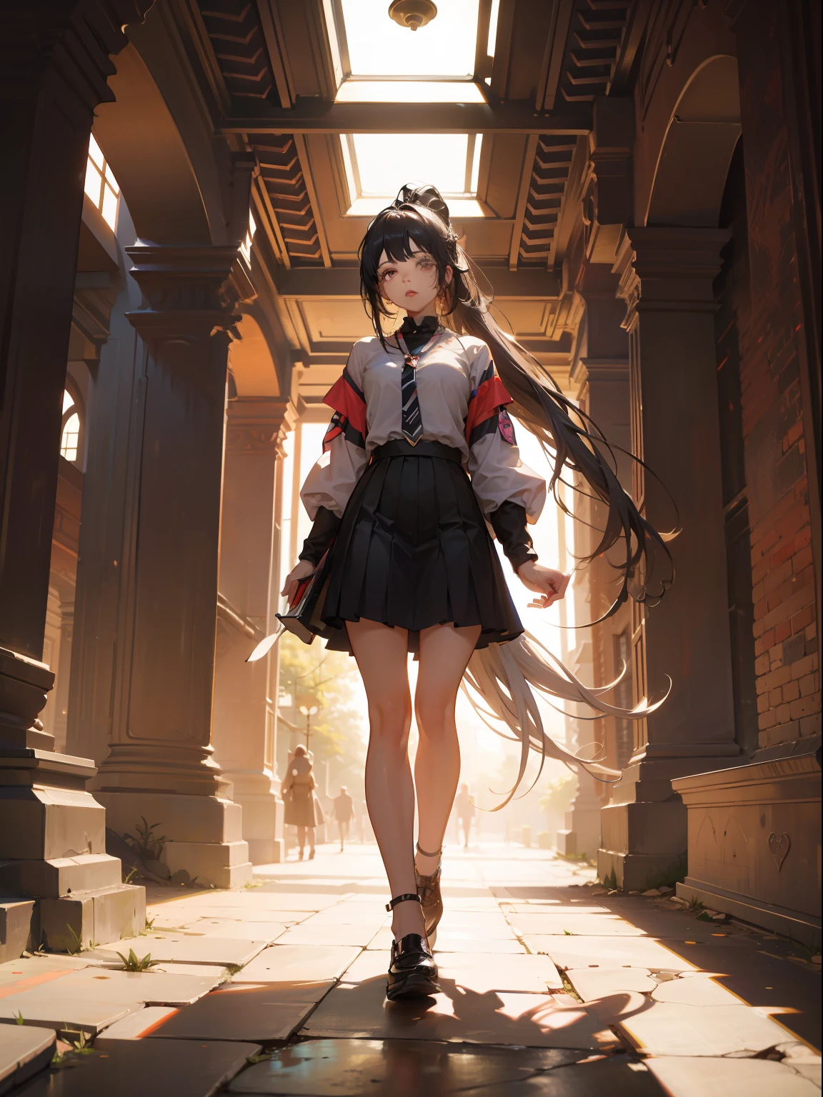 HD masterpiece, CG character standing drawing, Girl double ponytail(Half-black, demi rose), design sense skirt, Dynamic building ruins background, Soft hair, Dappled light and shadow, Rich in graphics, Saturated details, perfectly proportions, Conforms to anatomy, The whole body is from top to bottom, high detail, chiaroscuro, UHD, masterpiece, textured skin, high quality, high details, highres, 1080P