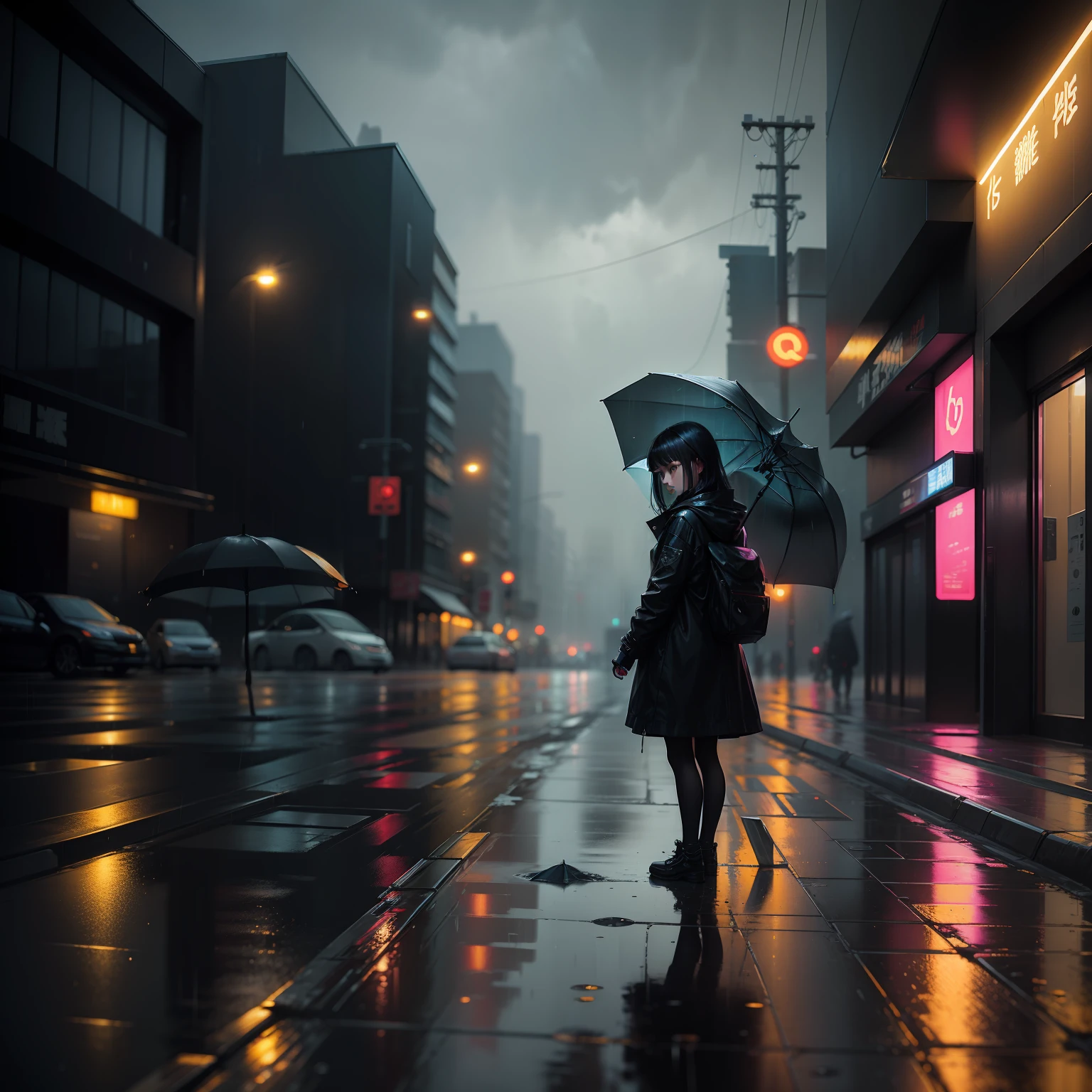 Rainy night in cyberpunk style,A young girl holding an umbrella,She sat alone on the ground,Reflections from the ground reflected her,It gives a feeling of loneliness。