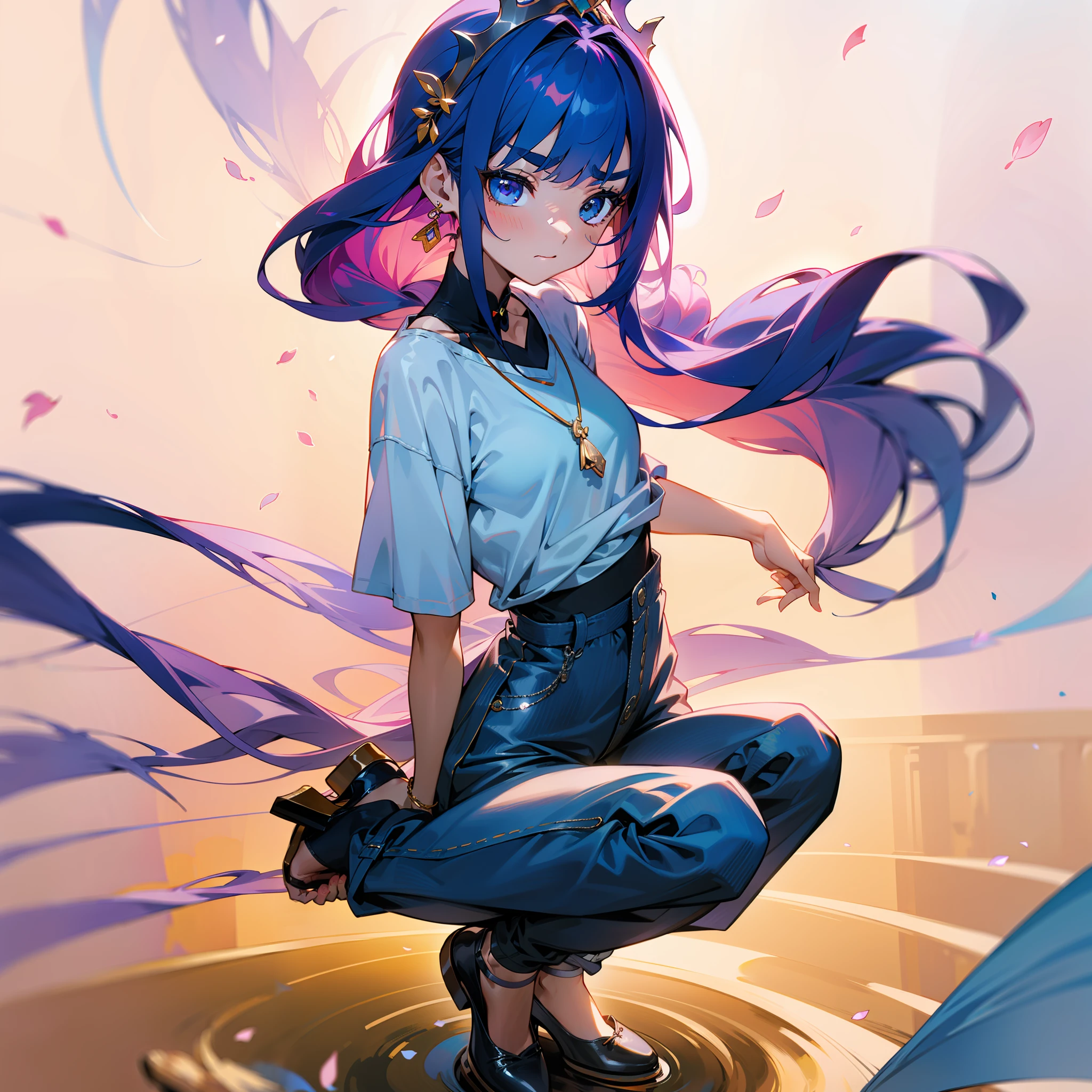 (CG Unity 8K wallpaper in extreme detail,tmasterpiece,Highest image quality),(Delicate light and shadow,The picture is highly dramatic,Cinematic lens effect),The familiar tsundere childhood sweetheart next door、Hair color random、She has a beautiful and delicate face,Good looks,Delicate facial features。Big eyes of the water spirit、Long eyebrows、Long colored hair、Skin is fair and smooth、Health and youthful breath、Sweet smiling、Wear a comfortable shirt、Knitwear or t-shirt,And with jeans、Short skirts or long pants、Clothing colors favor soft and warm colors,For example, light pink、pale-blue、beige, etc,Wear small, sophisticated accessories,Cute tiara、pendant、Anklets、For example, thin chain necklaces、Petite earrings or simple bracelets,Wear comfortable and stylish shoes,Like flats、Small white shoes、Falling debris with petals、a sense of atmosphere、中景 the scene is、full bodyesbian