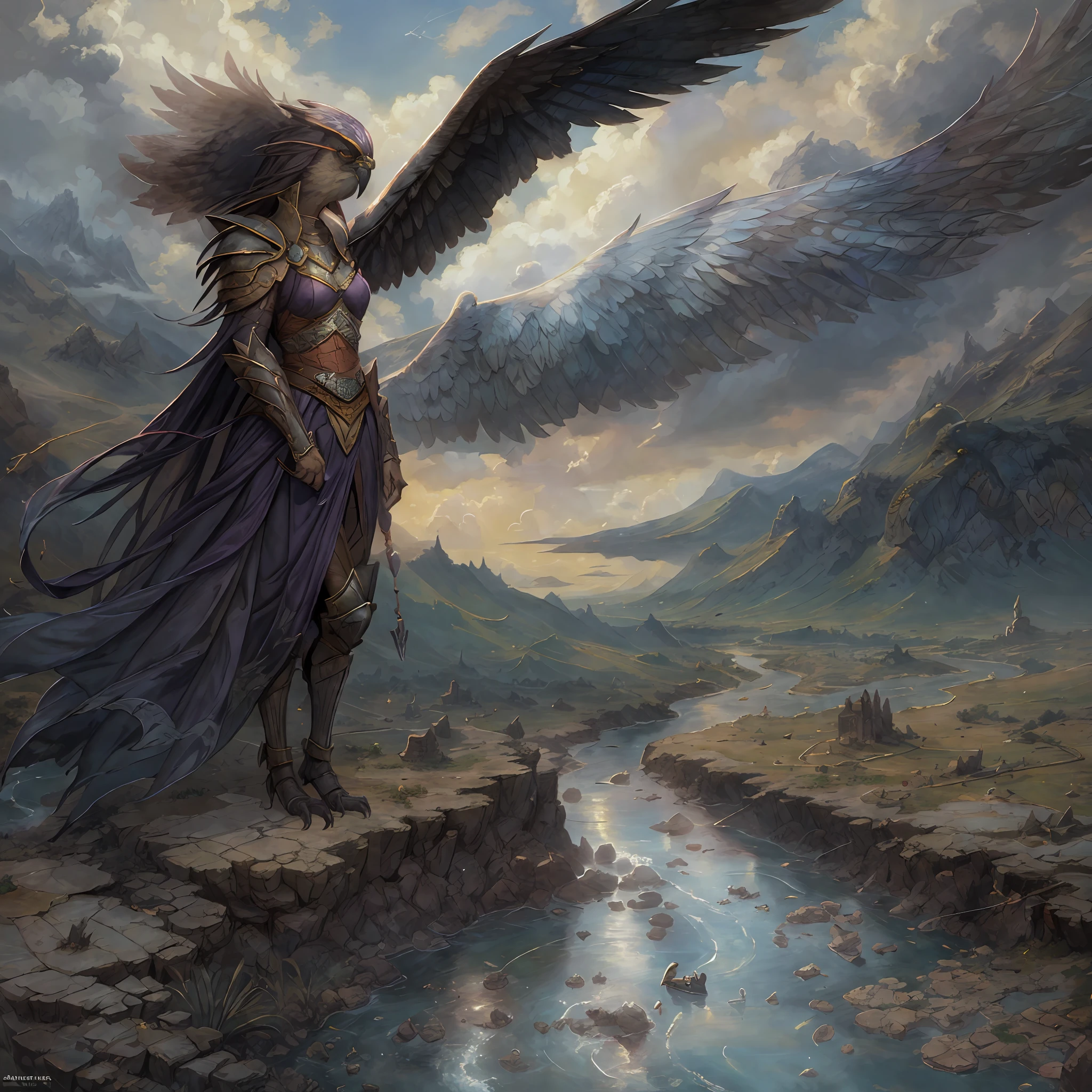 masterpiece, best quality, (solo), painting of Aven a Dark Purple bird woman wearing armor, medieval setting, in a stream, detailed noon sky, beautiful noon sun, layers of dark clouds, flying, flying over a desert, debris, Aerial View, dynamic