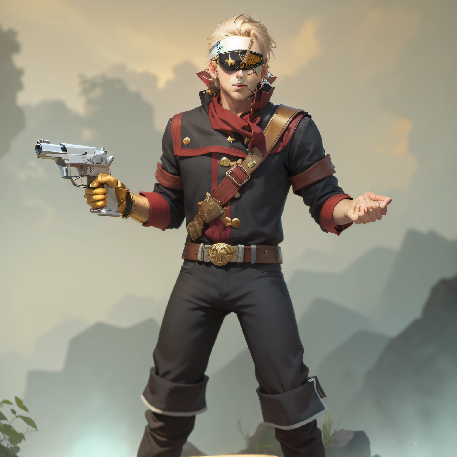 boy, revolver in hand, golden hand, eye patch
