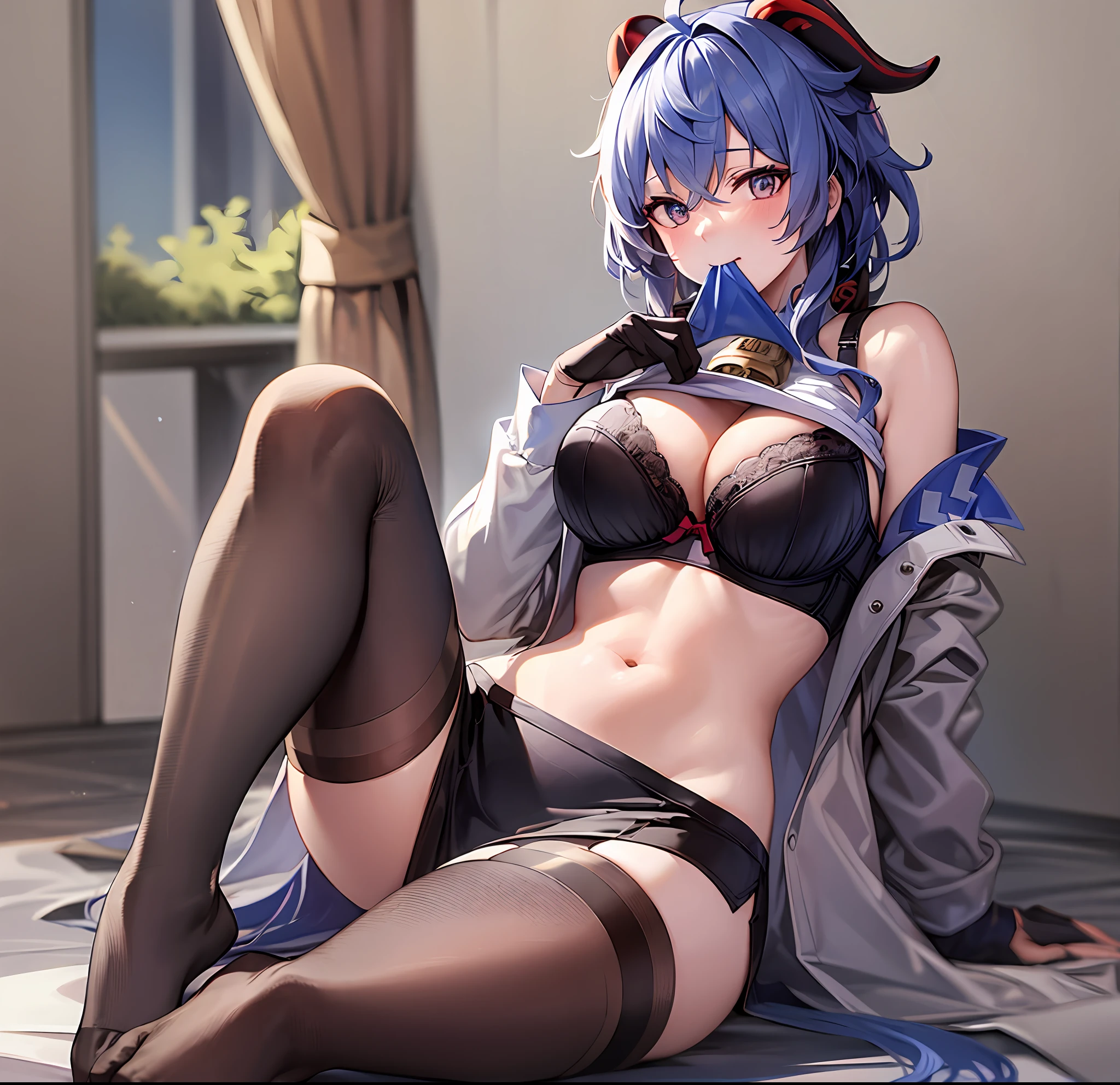 1Ganyu, large breasts,clothes in mouth, cleavage, navel, t-shirt, ((bra)),clothes lift, shirt in mouth, skirt, lying, full Body,sexy body,sitting