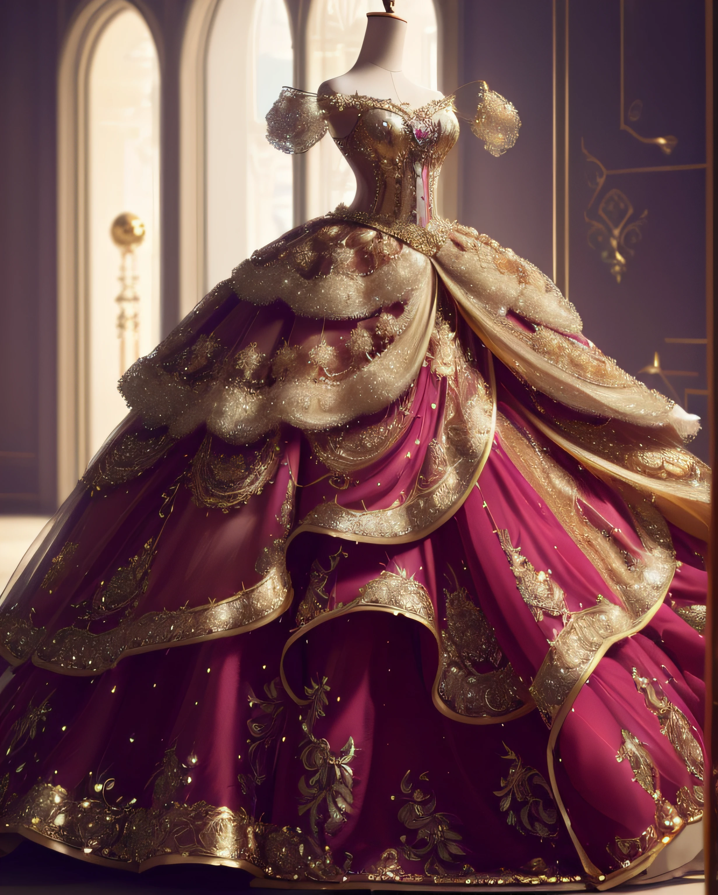 a hyper realistic photograph of a girl standing wearing a majestic light beige and gold ball gown dress, big beautiful dress, intricate puffy ball gown with lots of ruffles and rhinestones (Best quality, masterpiece, ArtStation, Fantasy Art:1.2), a palace room, a beautiful cute girl, (long white hair:1.1), (intricate short gold skirt, bare legs:1.2, full body shot)