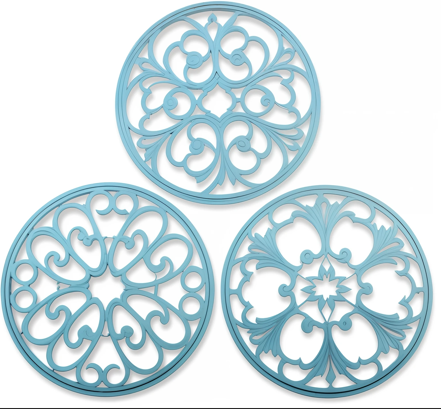 Three blue decorative coasters,There is a circular design on it, scrollwork, large motifs, Intricate scrolls, filigree, intricate filagree, filigran intricate details, set 1 8 6 0, Detailed filigree, Filigree ornaments, Complex filigree, wrought iron, medallions, intricatedesign, Decorative panels, swirl, Heavy filigree,Simple lines