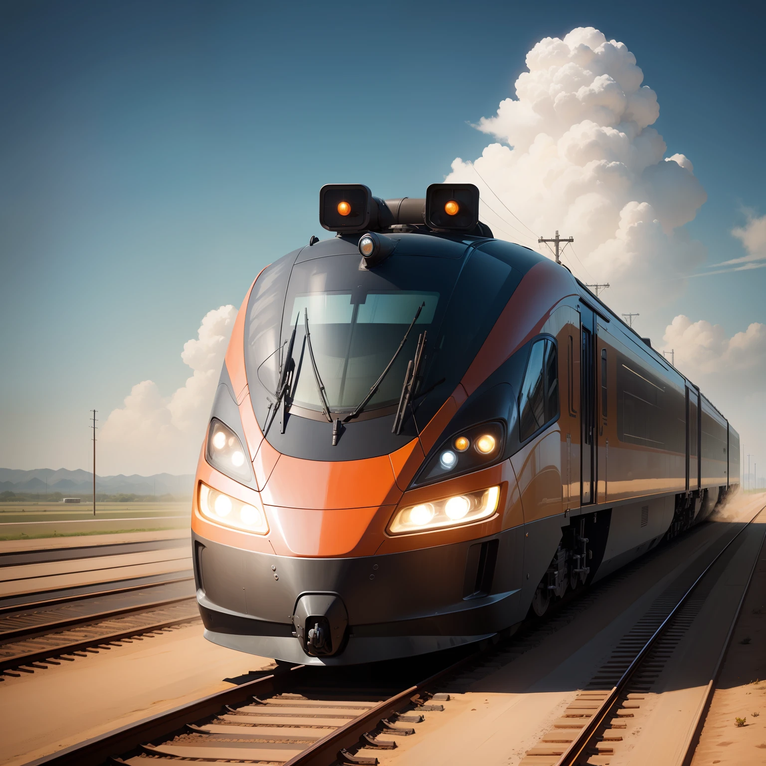 First view, heads-up, high-speed rail driving forward, flat painting style