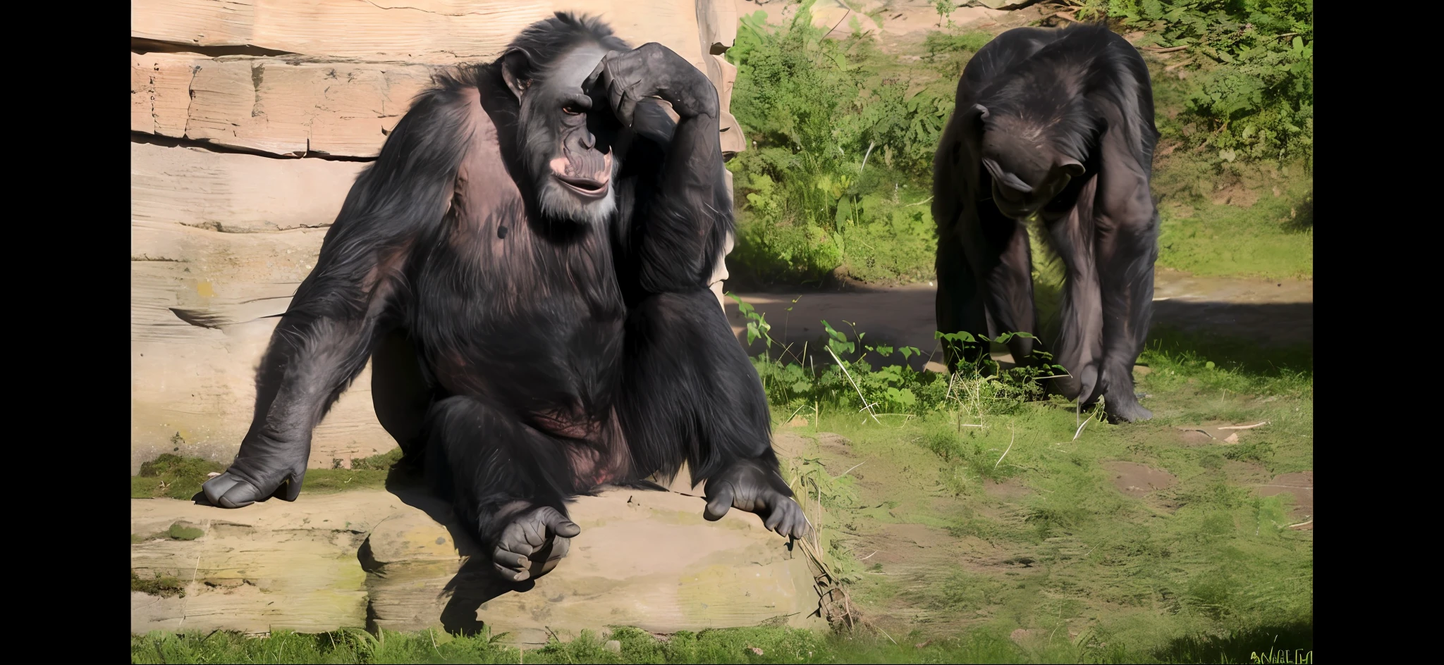 There are two chimpanzees sitting on a rock in the grass, macaco entediado, chimp, Absorto em pensamentos, olhar orgulhoso, pensador, pensive expression, Contemplando, thoughtful expression, parecendo triste, olhando desta forma, olhar triste, concerned expression, pose pensativa, pensativo, looking threatening, Pensar Pose, Directed by: Jan Tengnagel, hear no evil