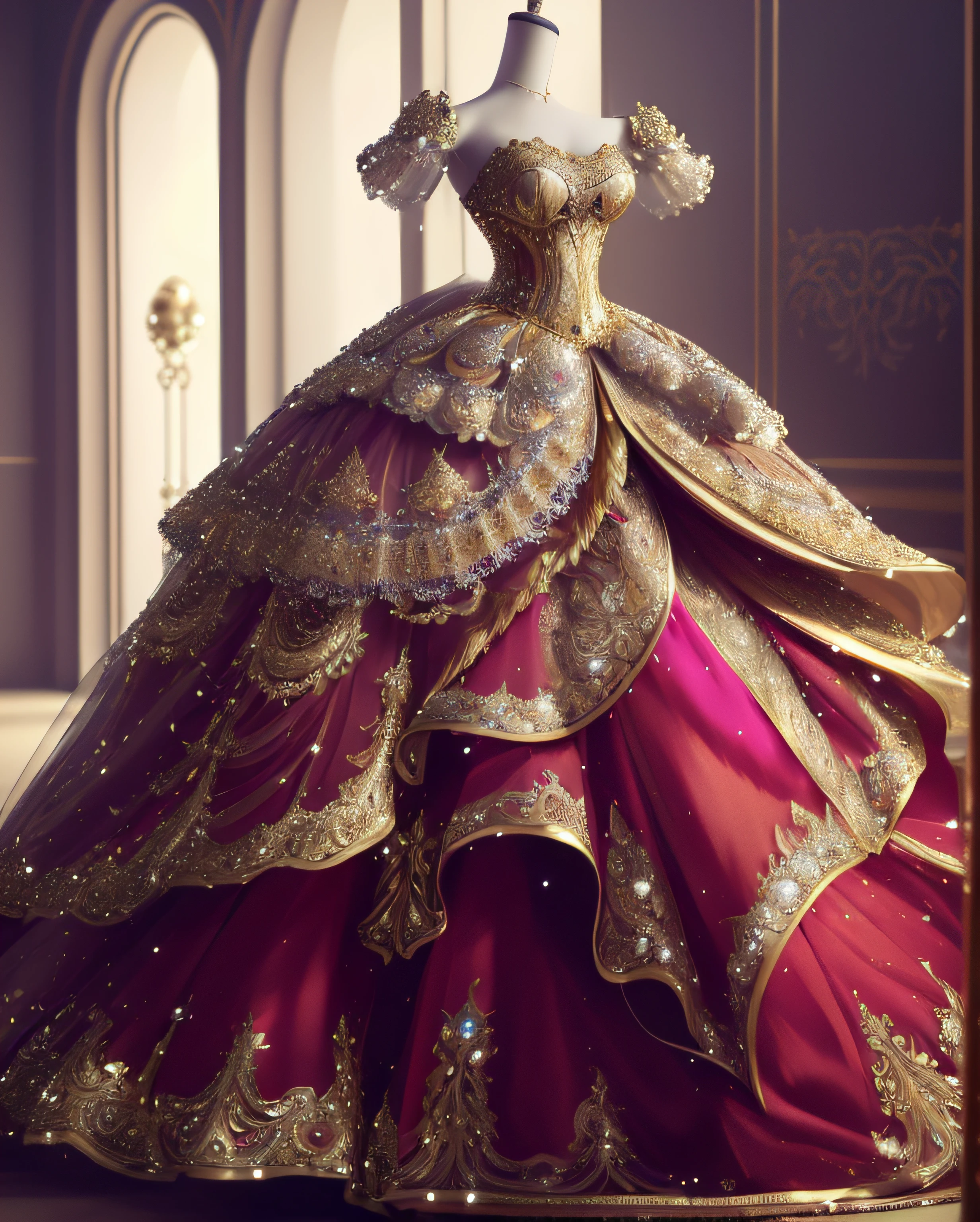 a hyper realistic photograph of a girl standing wearing a majestic light beige and gold ball gown dress, big beautiful dress, intricate puffy ball gown with lots of ruffles and rhinestones (Best quality, masterpiece, ArtStation, Fantasy Art:1.2), a palace room, a beautiful cute girl, (long white hair:1.1), (intricate short gold skirt, bare legs:1.2, full body shot)