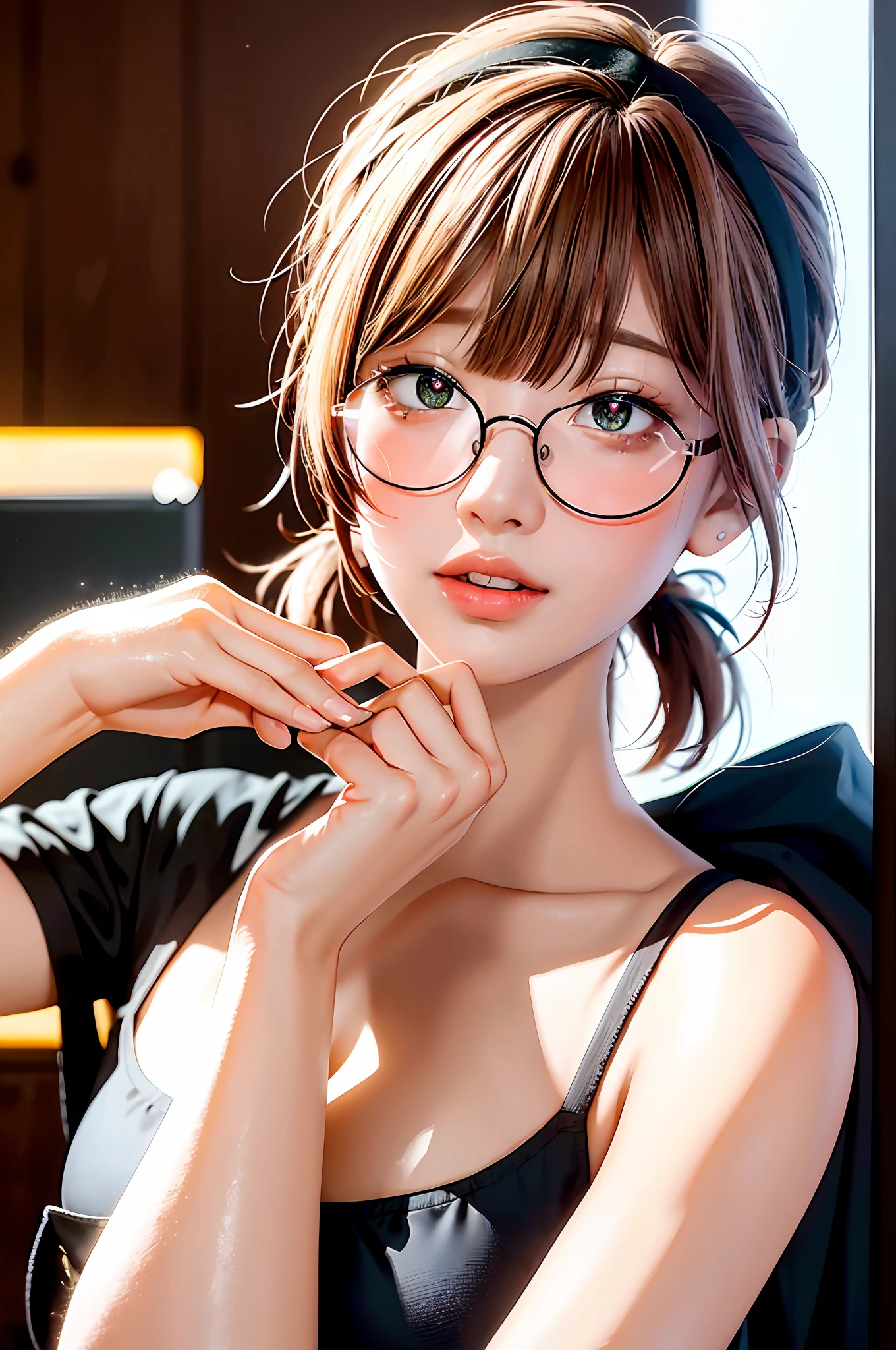 brunette color hair, Blunt bangs, bangs, pony tails, double tails, Short ponytail hair, side locks, heart ahoge, Hairpin, Hair ribbon, hair pin, hair adornments, Hair Bow, wears glasses, hair scrunchie, heart-shaped hair ornament, bow hair band, pink hairband, Heart-shaped pupils, mismatched pupils, Sparkling eyes, cheekpinching, cheekpinching, facing another, excited, nose blush, Naughty, Interior architecture, Anime, Minimalism, Anime style, Depth of field, back lit lighting, Ray tracing, 16k, A high resolution, Best quality, High quality, High details, Super detail, 巨作, Araved, Naked