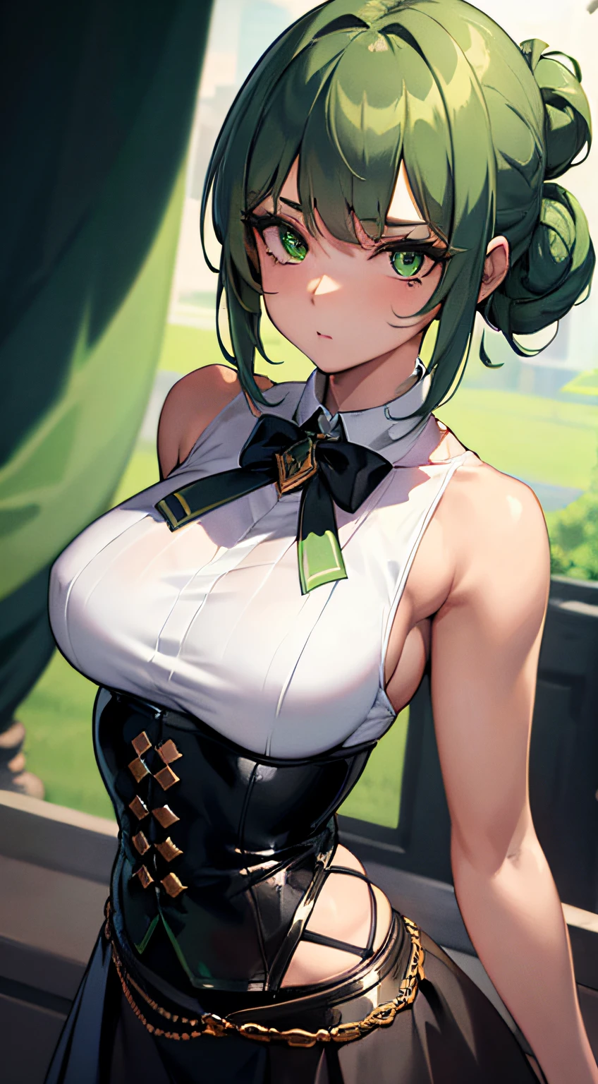 ((masterpiece)),(best quality),(detailed),(1girl), green hair, green glowing eyes, Updo, white shirt, black skirt, looking down on the viewer, sexy