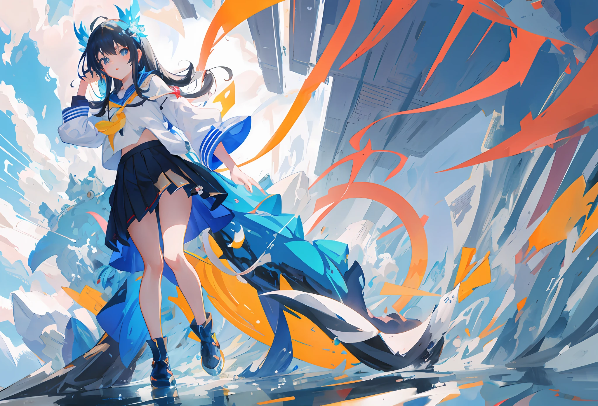 Anime girl in a sea of blue balls,hands on face, trending on artstation pixiv, Splash art anime , Cute detailed digital art, Digital anime illustration, Anime fantasy illustration, Guweiz in Pixiv ArtStation, cute cyber gods, Guweiz on ArtStation Pixiv, Lolie art in the style of Guvez,Blue and white skirt,standing on your feet,A blue Chinese dragon beside him,((hyper HD)),4K,((super detailing)),((Pubic area is clear)),The eyes are clearly visible,The face is clear