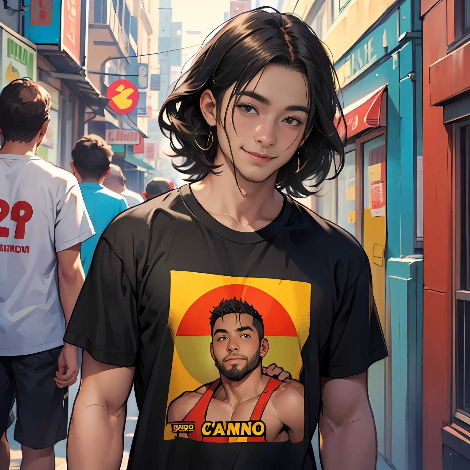 camiseta color negro con dorado camiseta ajustada al cuertpo ultra realista, 16-year-old boy with brown cinnamon skin, cuerpo atletico tonificado cabello liso,masculino serio pensativo observador tiene el dorso desnudo camiseta negra ajustada al cuerpo sin estampado ni dibujos caminando, sonriendo por las calles de una moderna ciudad un amigo cernaco se acerca por atras y lo abraza