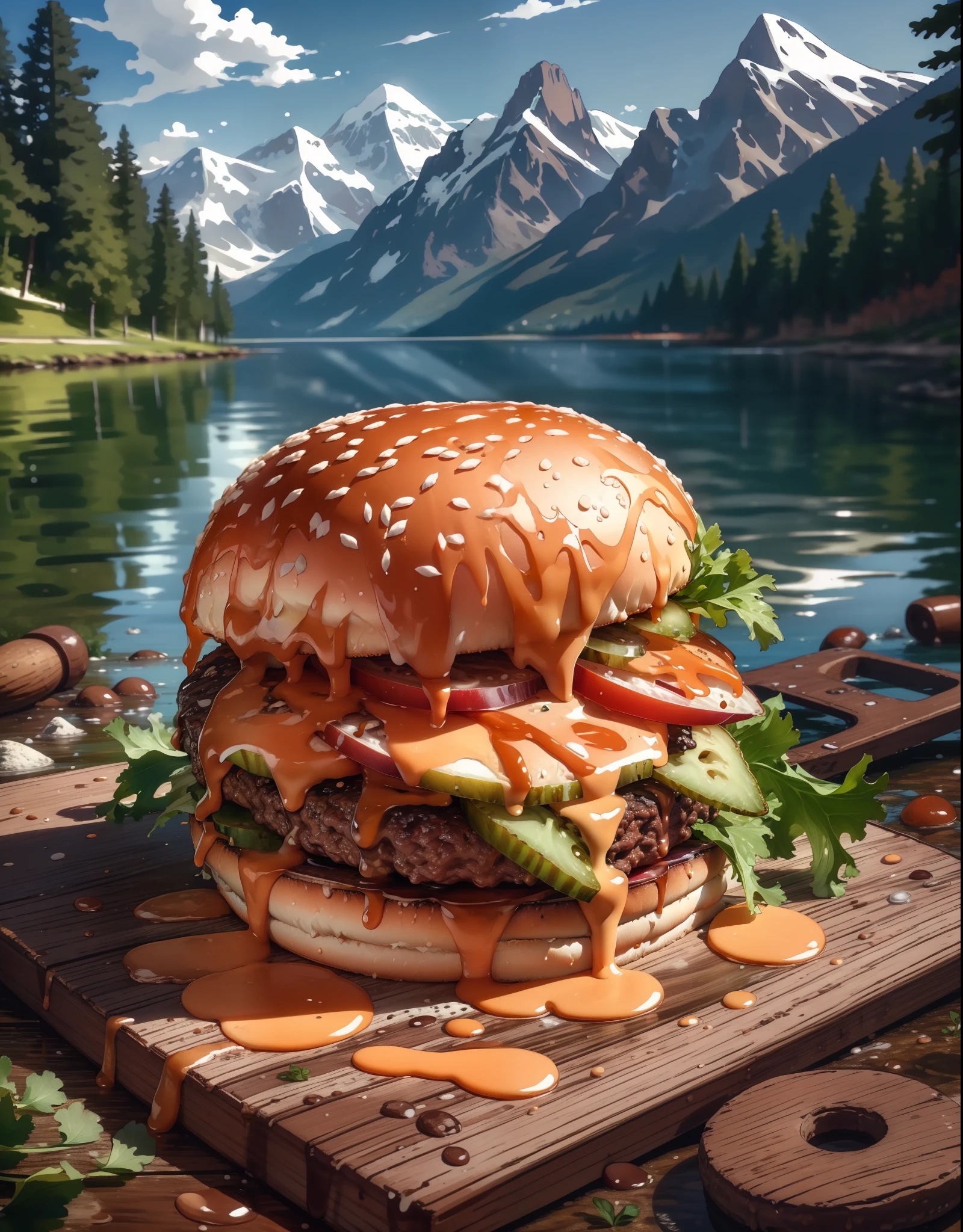 (masterpiece, top quality, best quality, beautiful and aesthetic:1.2), extremely detailed, highest detailed,humburger,burger photo,  white background, scenery, ink, mountains, water, trees