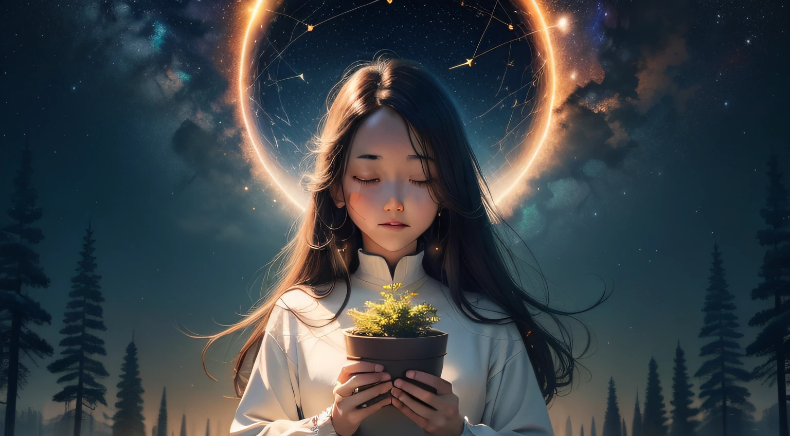 A bright and luminous mind, full of stars and constellations, representing the vastness of possibilities that the mind can reach. Around, trees and plants growing, symbolizing the power to cultivate positive thoughts to achieve the desired goals.