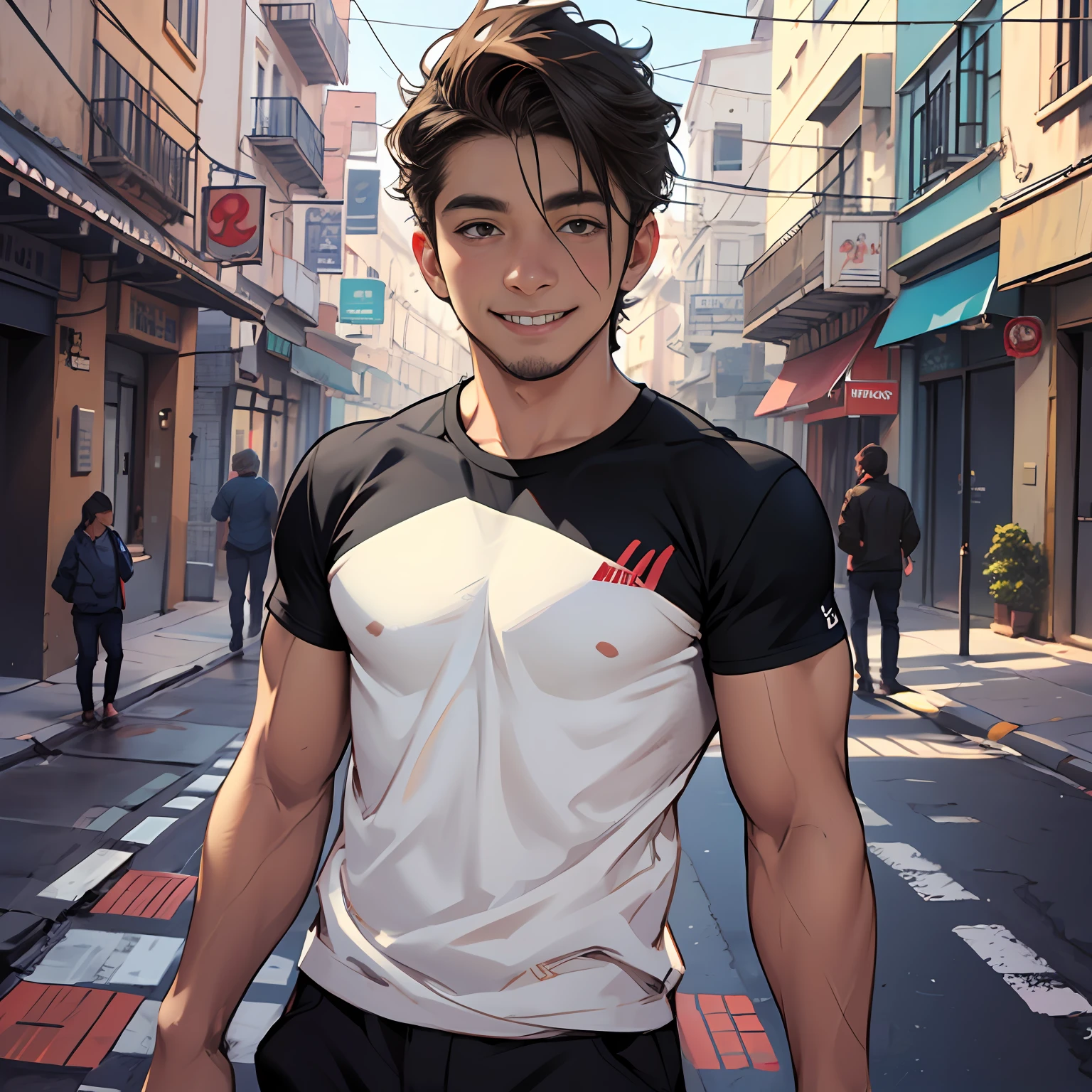 camiseta color negro con dorado camiseta ajustada al cuertpo ultra realista, 16-year-old boy with brown cinnamon skin, cuerpo atletico tonificado cabello liso,masculino serio pensativo observador tiene el dorso desnudo camiseta negra ajustada al cuerpo sin estampado ni dibujos caminando, sonriendo por las calles de una moderna ciudad un amigo cernaco se acerca por atras y lo abraza