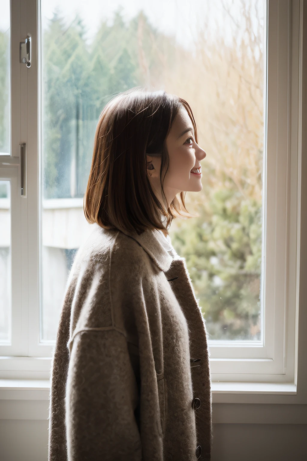 Grey wool coat、Girl in gray wool socks at thigh height、Being in the living room on a cozy rug、Warm and comfortable。Blonde and brown hair mix、(((Model Profiles、profile:1.4、looking outside the window:1.4、looking at the window)))、A slight smil、Light smile