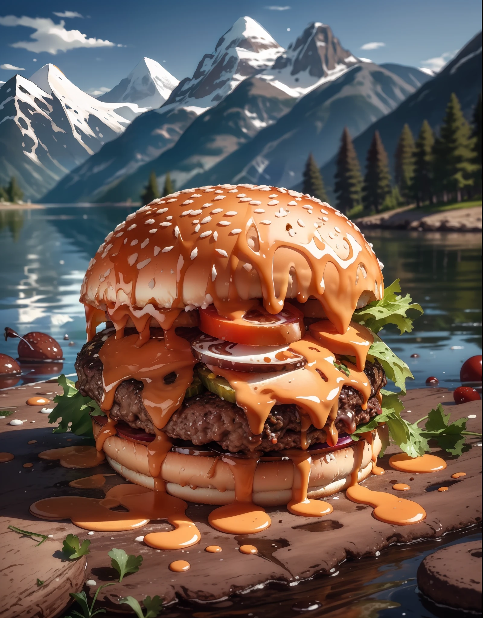 (masterpiece, top quality, best quality, beautiful and aesthetic:1.2), extremely detailed, highest detailed,humburger,burger photo,  white background, scenery, ink, mountains, water, trees