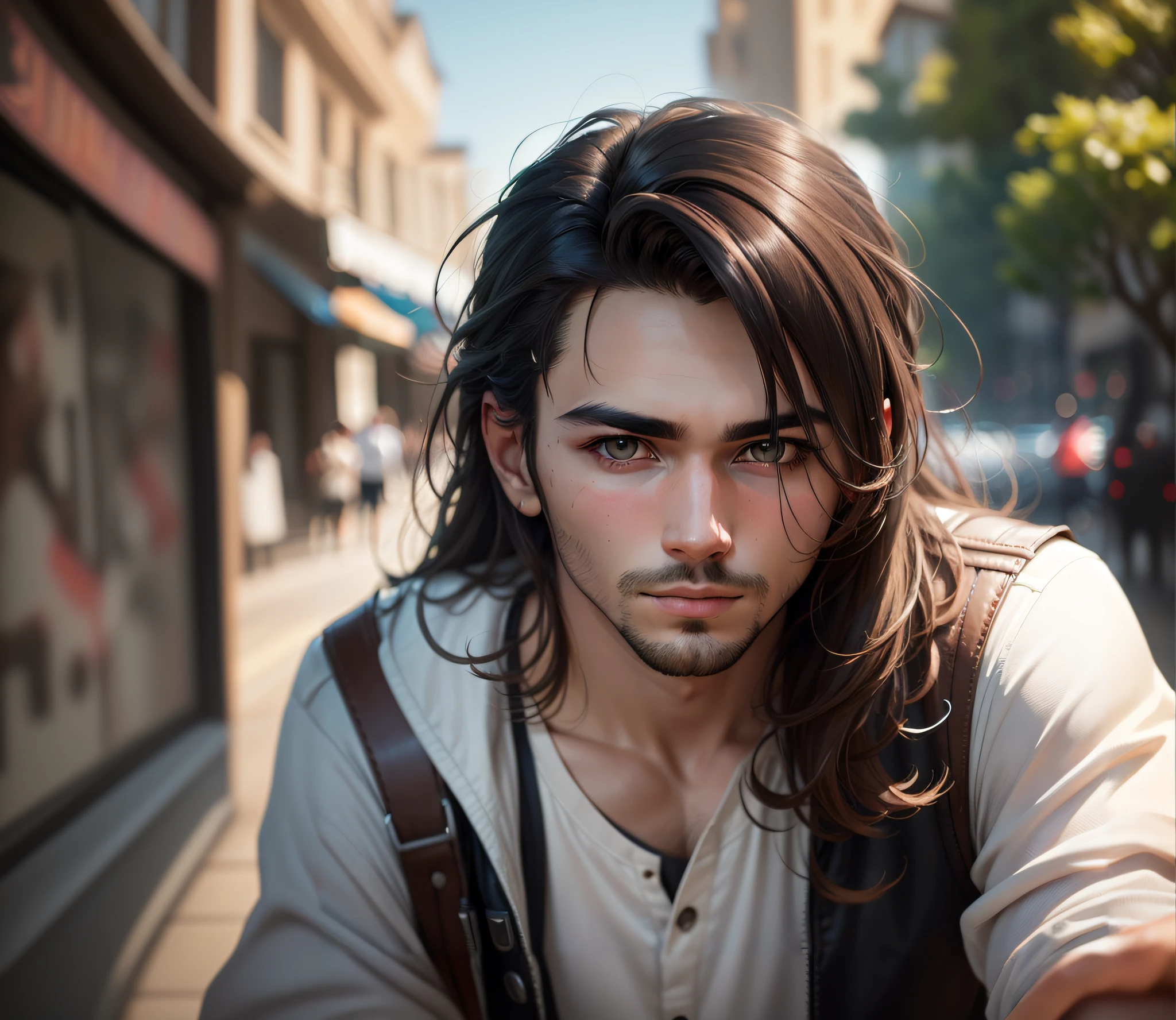 Arafed hombre con cabello largo y barba sentado en una motocicleta, fantasy male portrait, joven con cabello largo, guapo impresionante realista, Retrato de anime de un hombre guapo, cinematic realistic portrait, Pintura digital realista, Un retrato de un elfo macho, Hermoso elfo masculino, Estilo de arte fotorrealista, realistic artistic style, Hermosa cara detallada, con cabello largo y ojos penetrantes