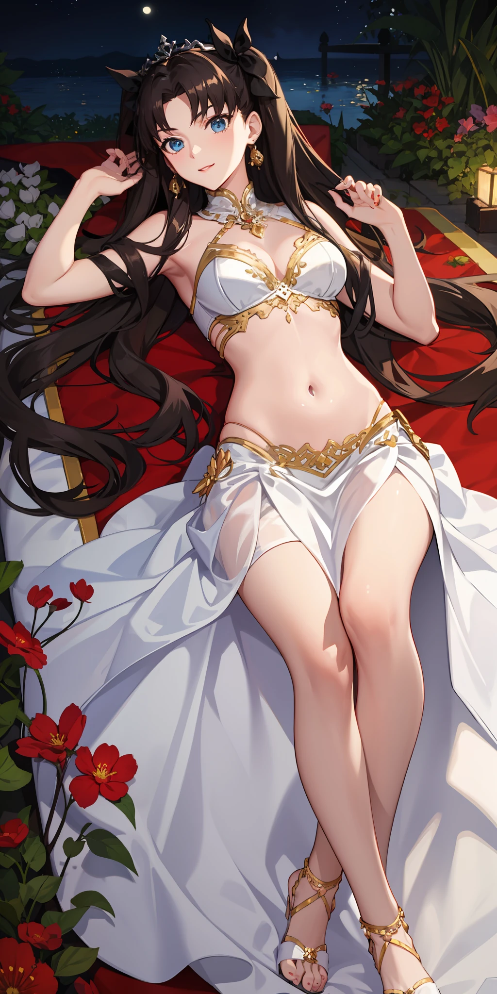 long hair, black hair, medium breast, slim legs, happy, white gown, cleavage, arabian belly dancer , skirt, rin tohsaka, twin tail, navel, garden, night, blue eyes, tiara, lying down