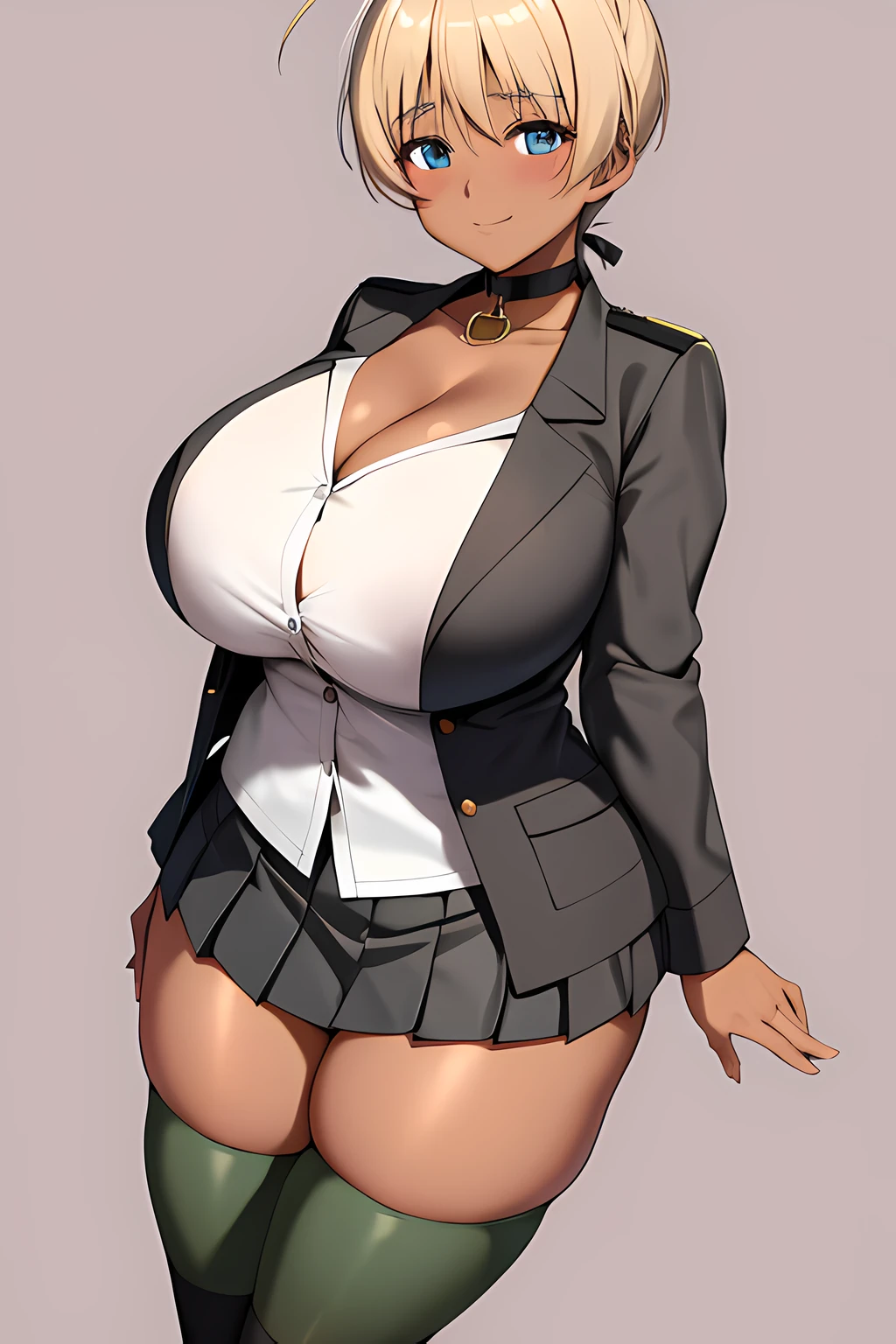 1girl, gigantic breasts,dark skin,short hair,white shirt,cleavage,blonde hair,smirk,choker,pleated skirt,simple background,thighhighs